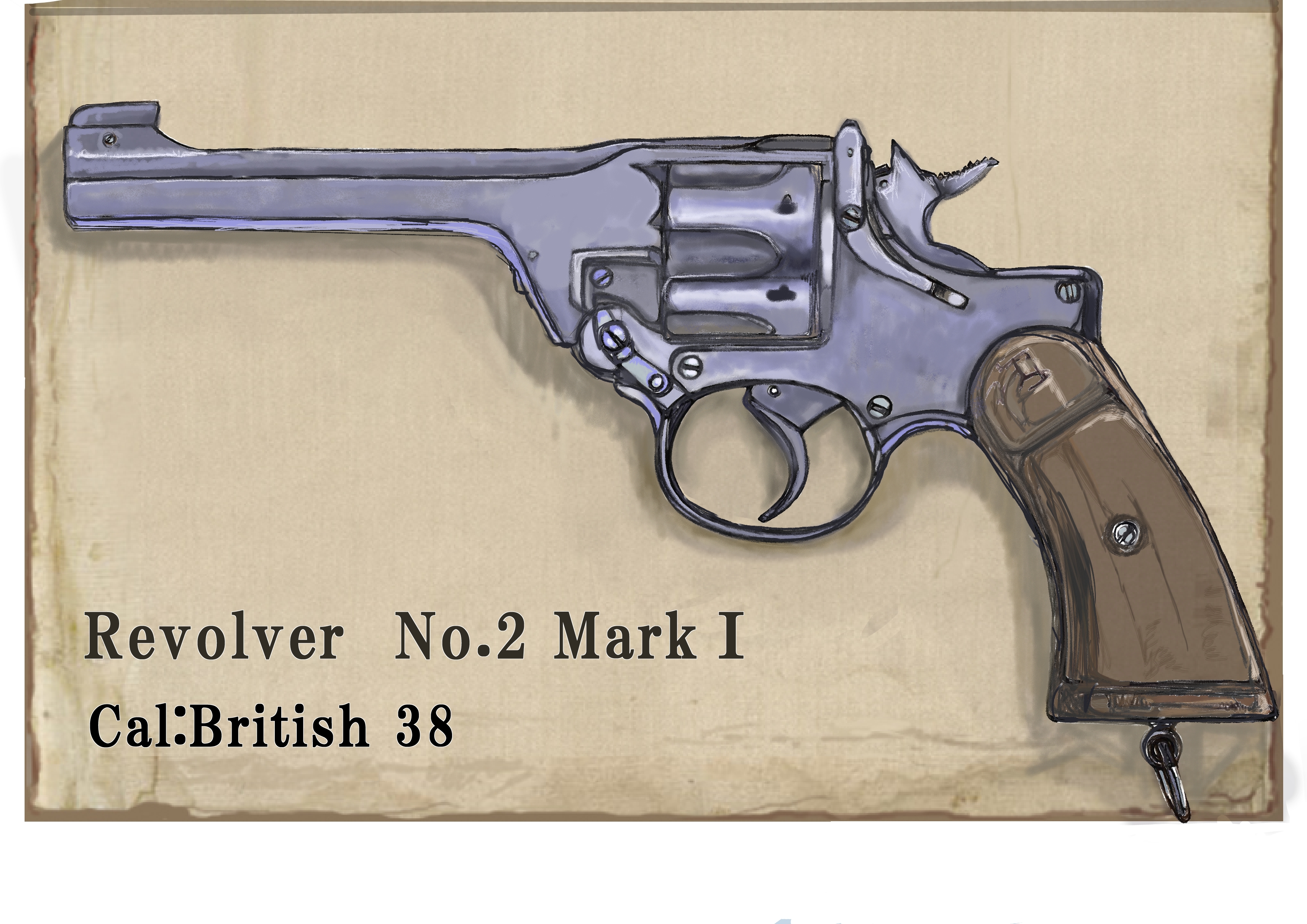 boku wa shougakusei, original, absurdres, commentary request, highres, border, brown background, enfield no.2 mk1, english text, gun, handgun, limited palette, no humans, revolver, weapon, weapon name, white border