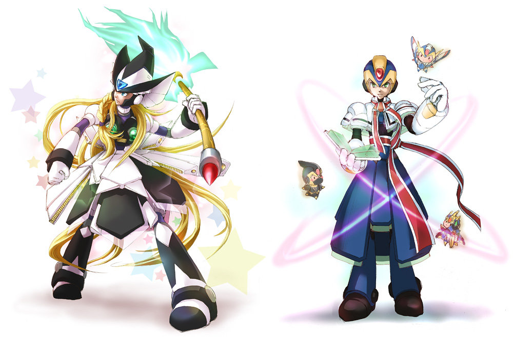 alice margatroid, kirisame marisa, x (mega man), zero (mega man), capcom, mega man (series), mega man x (series), touhou, 5girls, cosplay, female focus, mecha musume, multiple girls, white background, x (mega man) (cosplay), zero (mega man) (cosplay)