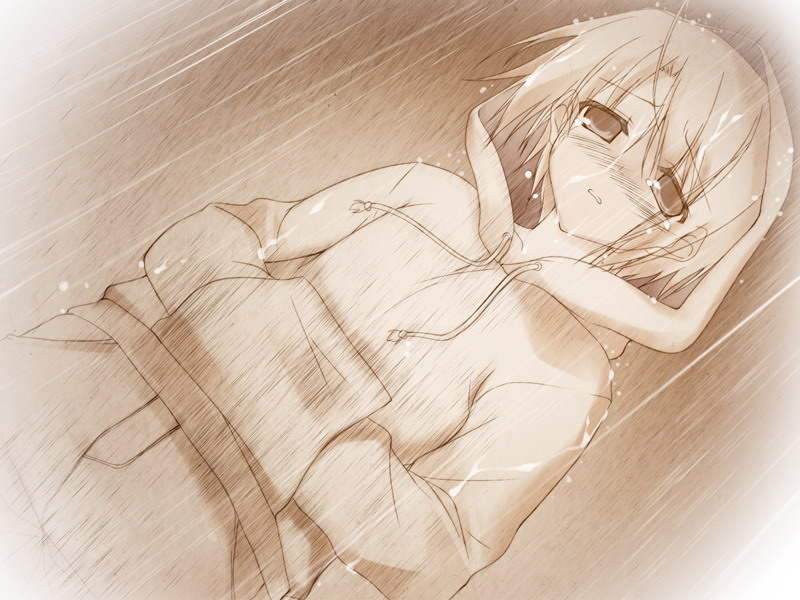 tagme, 1girl, female focus, gradient background, hood, hoodie, monochrome, rain, solo, white background