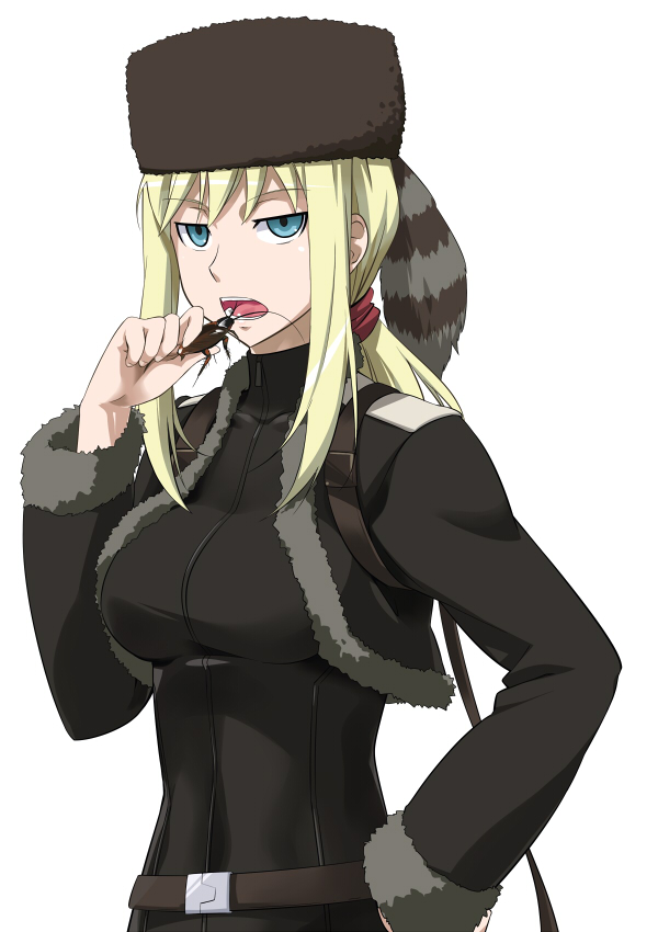 youkan, tanya (darker than black), tanya akulova, darker than black, bad id, bad pixiv id, 00s, 1girl, belt, blonde hair, bug, cockroach, coon hat, female focus, green eyes, hand on own hip, hat, hip focus, insect, jacket, open mouth, skin tight, solo