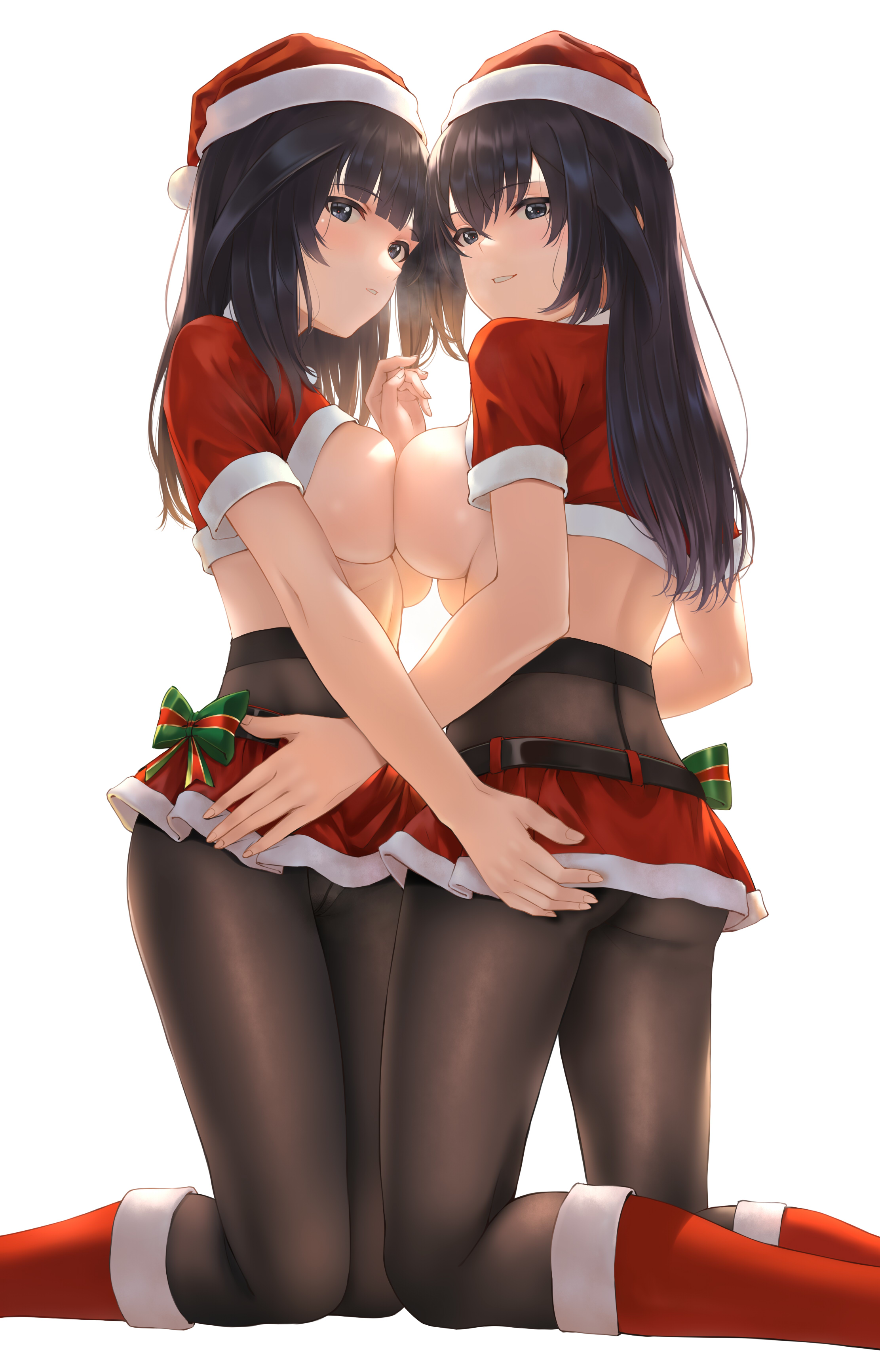kanogawa hiro, agatsuma kaede, agatsuma kei, alice gear aegis, absurdres, highres, 2girls, ass, back, black hair, black pantyhose, breast press, clothes lift, from behind, from side, holding hands, kneeling, long hair, looking at viewer, midriff, multiple girls, pantyhose, red shirt, red skirt, red socks, santa costume, shirt, shirt lift, siblings, simple background, sisters, skirt, socks, symmetrical docking, white background