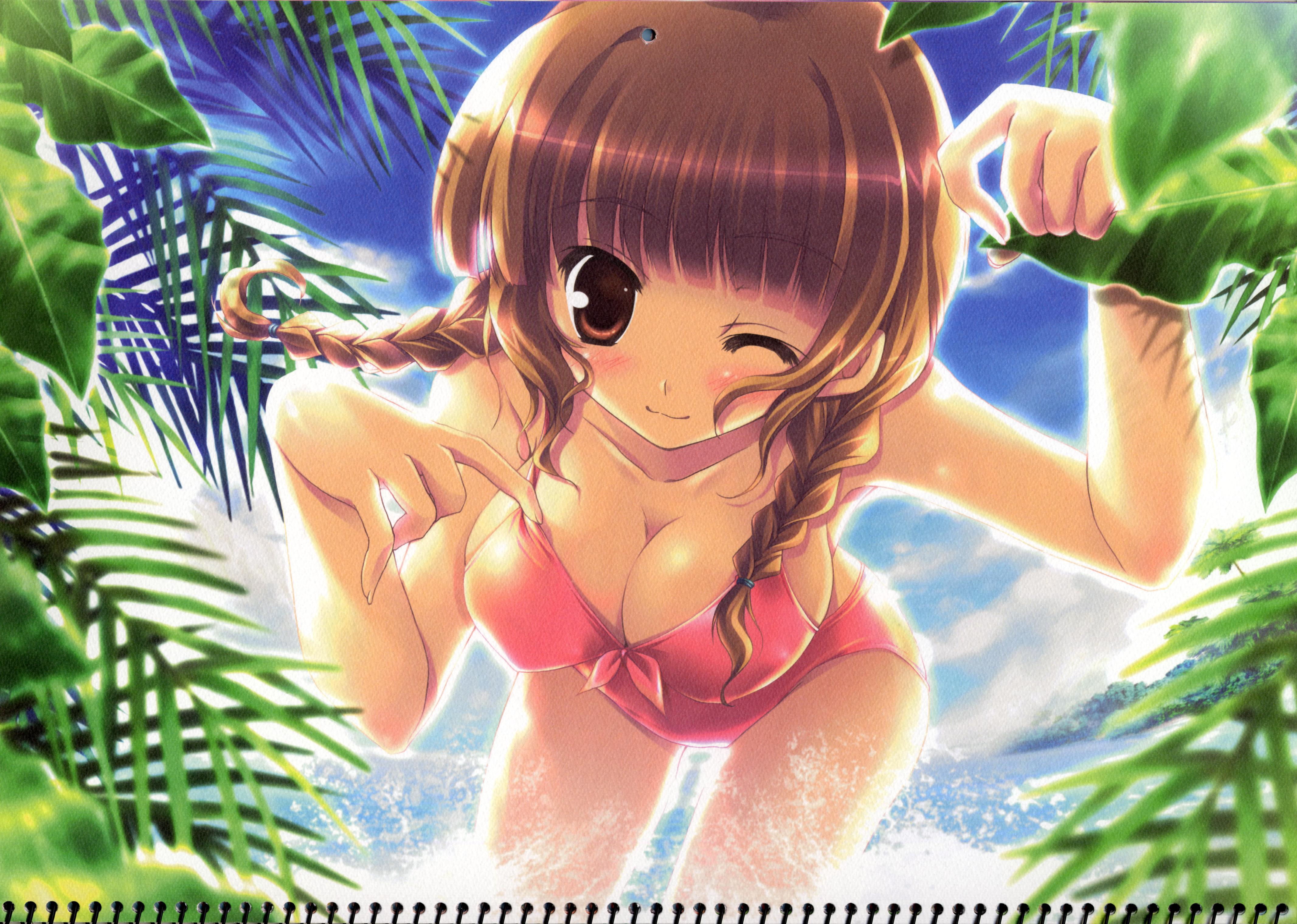 ikegami akane, mizusawa mao, kimi kiss, absurdres, highres, scan, 1girl, :3, beach, bikini, blush, braid, breasts, brown eyes, brown hair, cleavage, cloud, day, female focus, large breasts, leaning forward, long hair, ocean, one eye closed, outdoors, pink bikini, sky, smile, solo, swimsuit, twin braids, water, wink