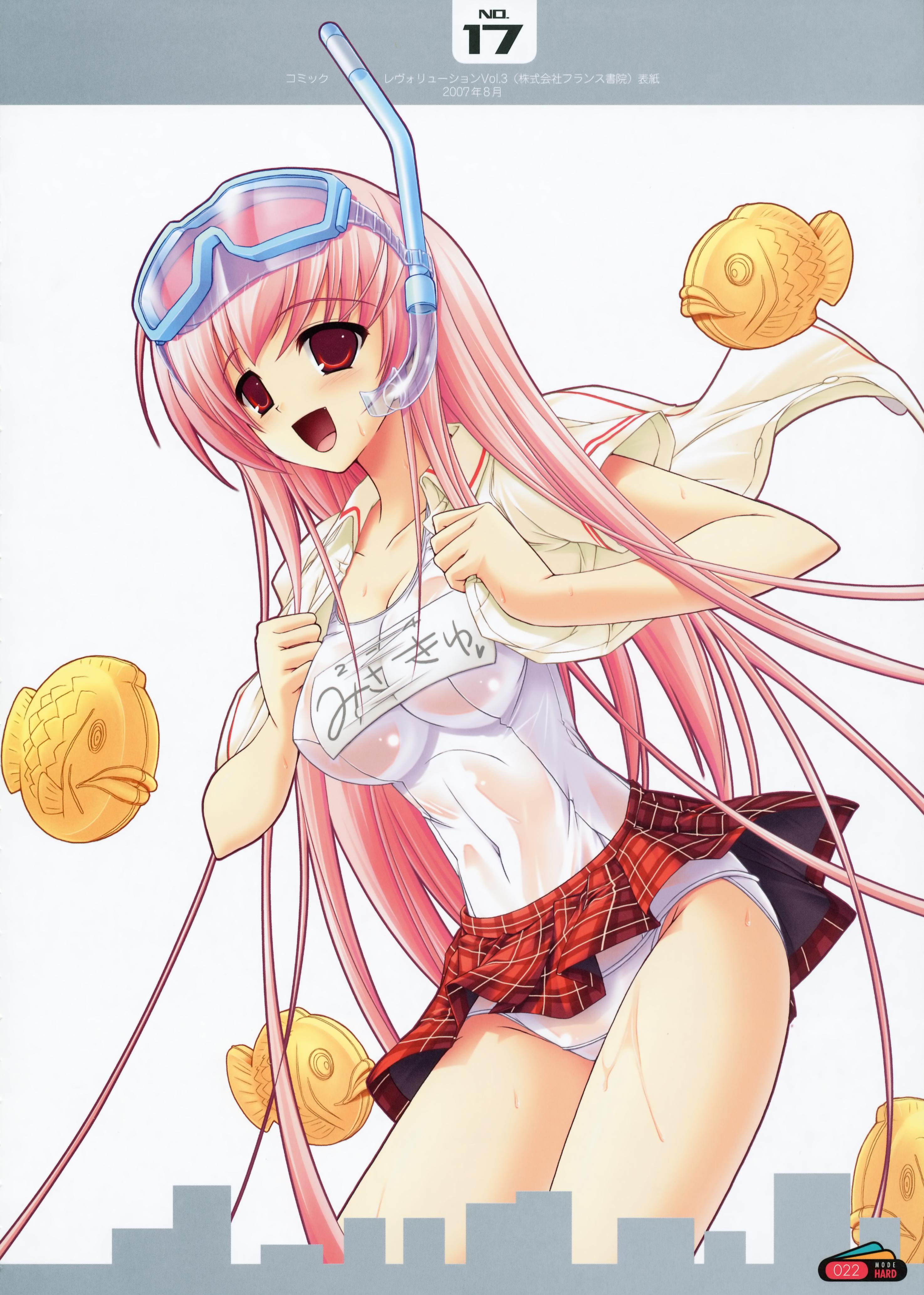 misakura nankotsu, original, absurdres, highres, 1girl, blush, breasts, diving mask, female focus, goggles, large breasts, long hair, one-piece swimsuit, open clothes, open mouth, open shirt, pink hair, red eyes, school swimsuit, see-through clothes, shirt, skirt, snorkel, solo, swimsuit, swimsuit under clothes, wet