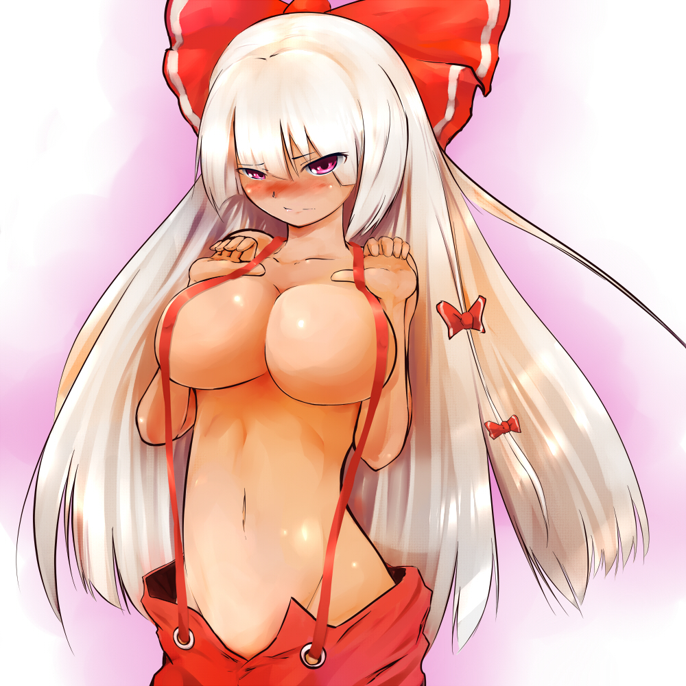 tone g, fujiwara no mokou, touhou, silver hair, bad id, bad pixiv id, 1girl, blush, bow, breasts, cleavage, covering breasts, covering privates, female focus, groin, hair bow, hair ribbon, large breasts, long hair, multiple hair bows, navel, red eyes, ribbon, solo, suspenders
