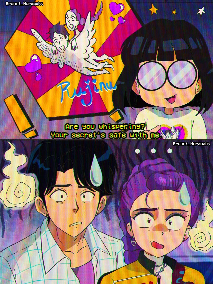 brenni murasaki, jinu (kpop demon hunters), rumi (kpop demon hunters), kpop demon hunters, character request, commentary, highres, 1990s (style), 1boy, 2girls, black hair, braid, braided ponytail, earrings, english text, hair bun, jewelry, long hair, multiple girls, purple hair, retro artstyle, shirt, smile