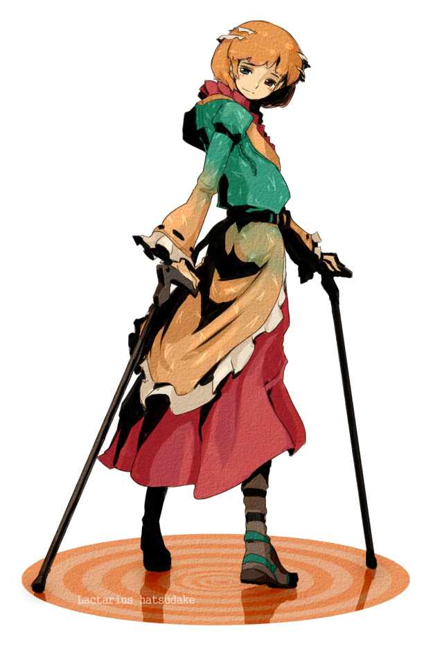 oso (toolate), lactarius hatsudake, lactarius lividatus, original, oso-teki kinoko gijinka zukan, 1girl, cane, dress, dual wielding, female focus, green eyes, heterochromia, holding, mushroom, orange hair, personification, red eyes, short hair, solo