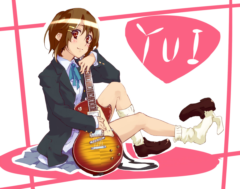 aeutoaki, hirasawa yui, k-on!, bad id, bad pixiv id, 00s, 1girl, electric guitar, female focus, full body, gibson les paul, guitar, instrument, school uniform, shoe dangle, sitting, socks, solo, white background