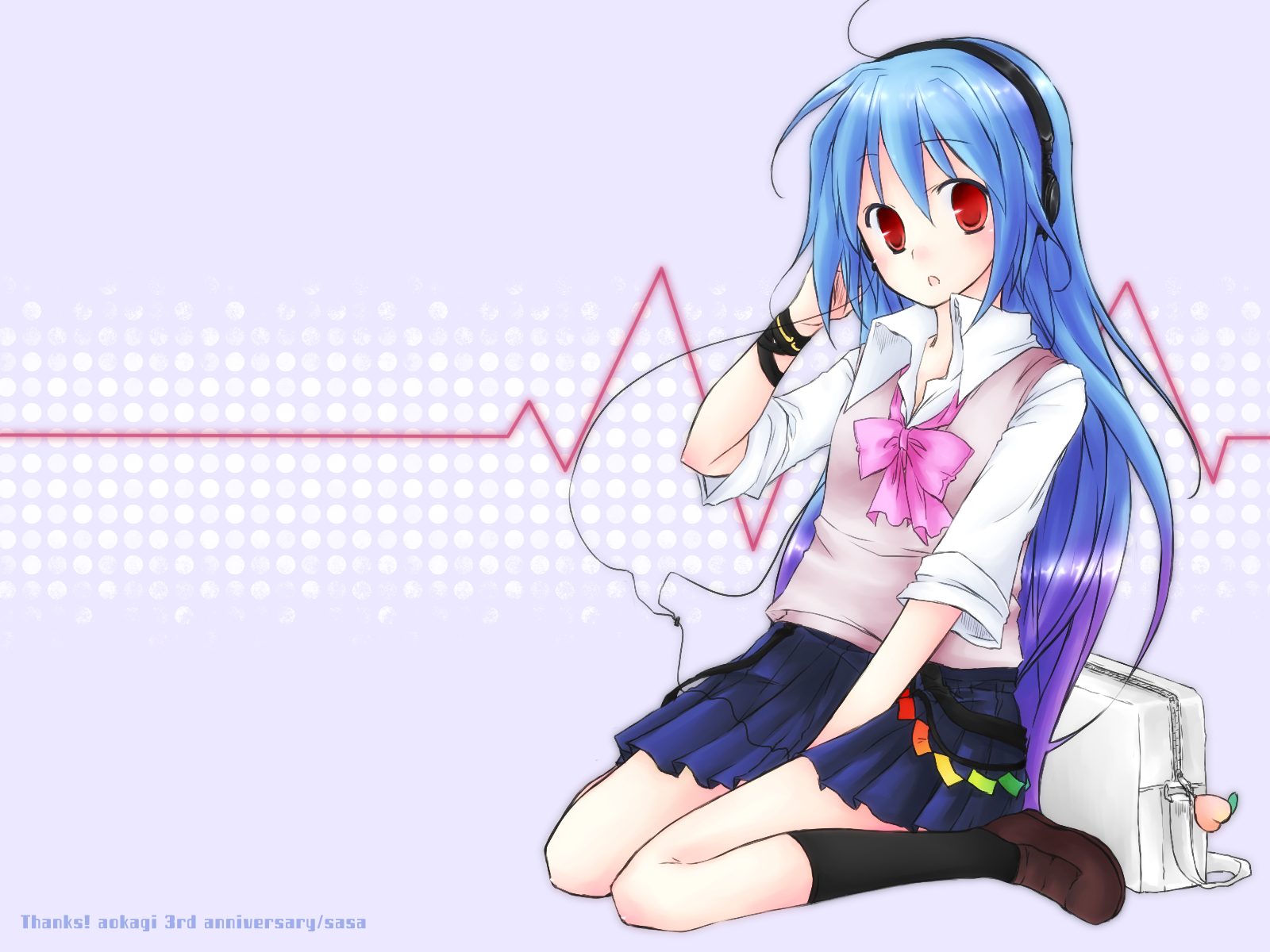 aokagi, sasa you aoi, hinanawi tenshi, touhou, highres, 1girl, alternate costume, blue hair, contemporary, female focus, food, fruit, full body, long hair, peach, red eyes, school uniform, skirt, socks, solo