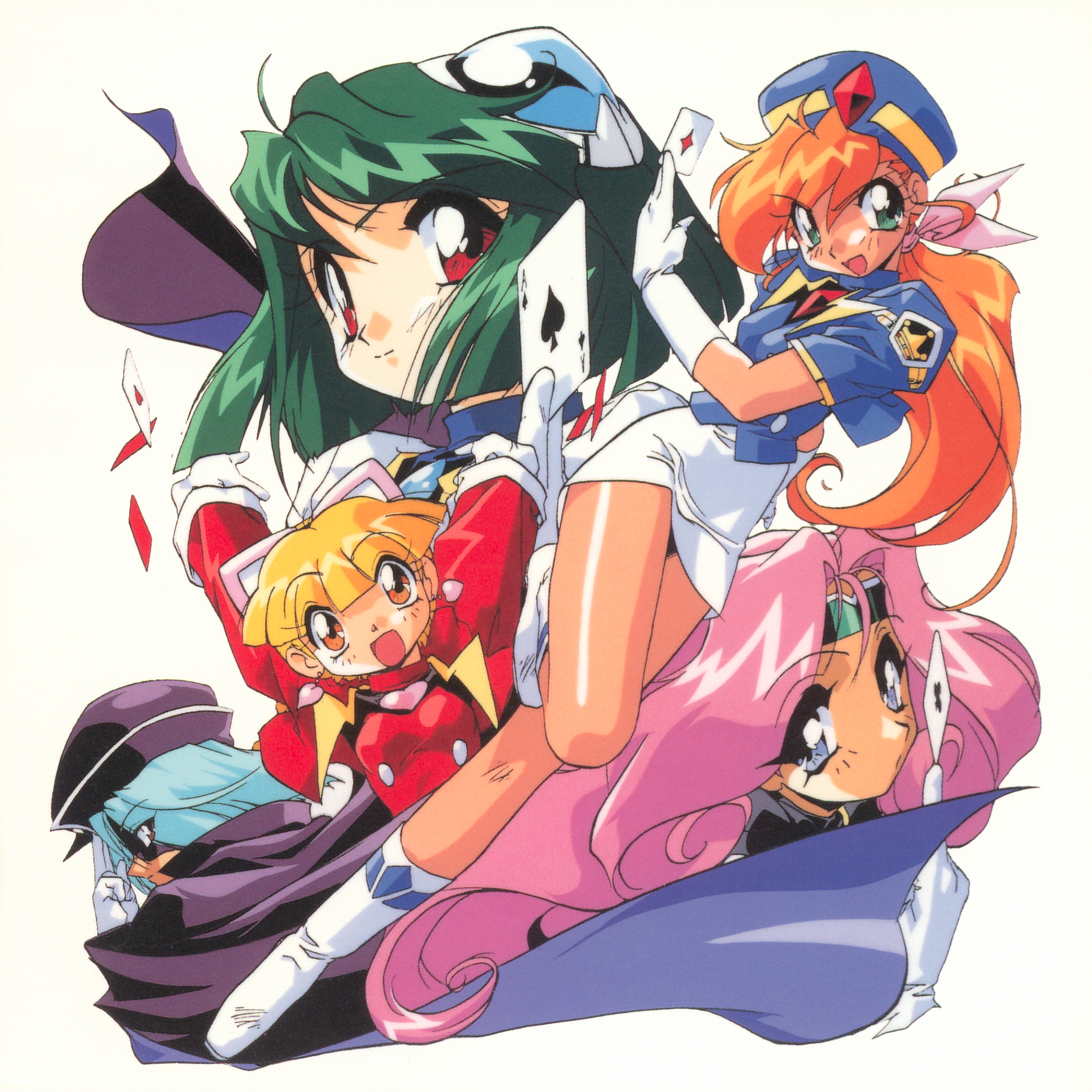 suzuki noritaka, casa (jaja uma quartet), coco (jaja uma quartet), joe (jaja uma quartet), sunday (jaja uma quartet), jaja uma quartet, highres, non-web source, official art, scan, 1990s (style), 5girls, ace (playing card), ace of clubs, ace of diamonds, ace of hearts, ace of spades, aqua eyes, arms up, blonde hair, blue eyes, blue hair, boots, cape, card, club (shape), diamond (shape), emblem, gloves, green hair, hair ornament, hat, headband, heart, holding, holding card, long hair, long sleeves, looking at viewer, low ponytail, mask, miniskirt, multiple girls, open mouth, orange eyes, orange hair, pencil skirt, pink hair, playing card, ponytail, profile, red eyes, retro artstyle, short hair, simple background, skirt, smile, spade (shape), white background, white gloves, white skirt