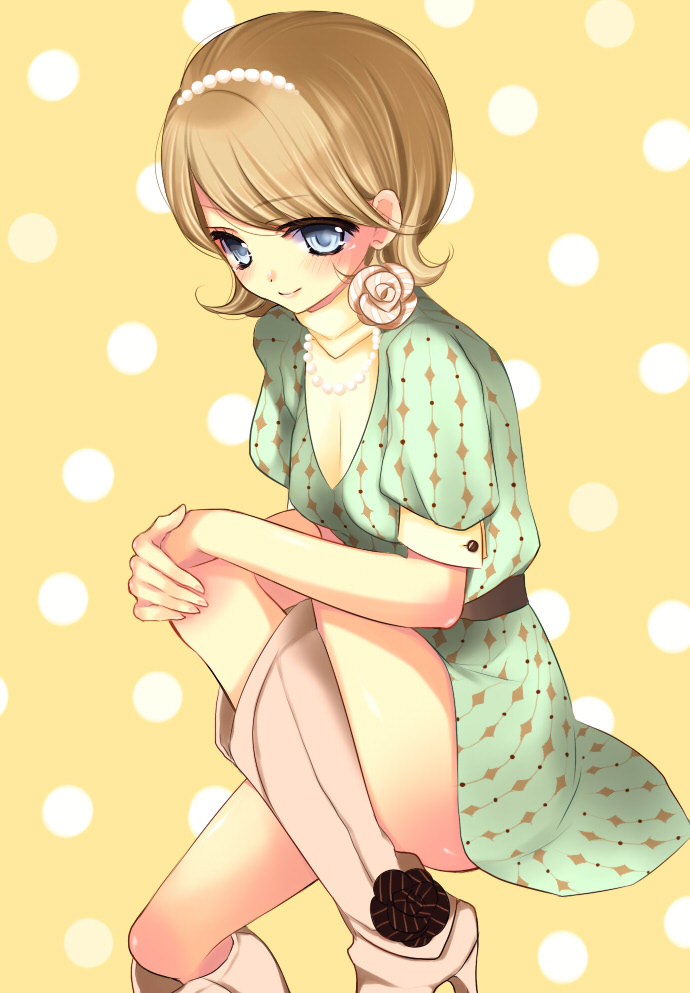 yuga, blue eyes, blush, brown hair, dress, short hair, smile, solo