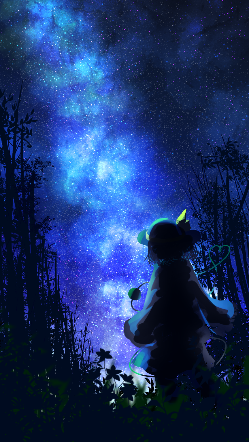 nanahana nanana, komeiji koishi, touhou, commentary request, highres, 1girl, eyeball, facing away, from behind, hat, hat ribbon, heart, heart of string, long sleeves, night, outdoors, ribbon, shirt, skirt, sky, solo, star (sky), starry sky, third eye, wide sleeves, yellow ribbon