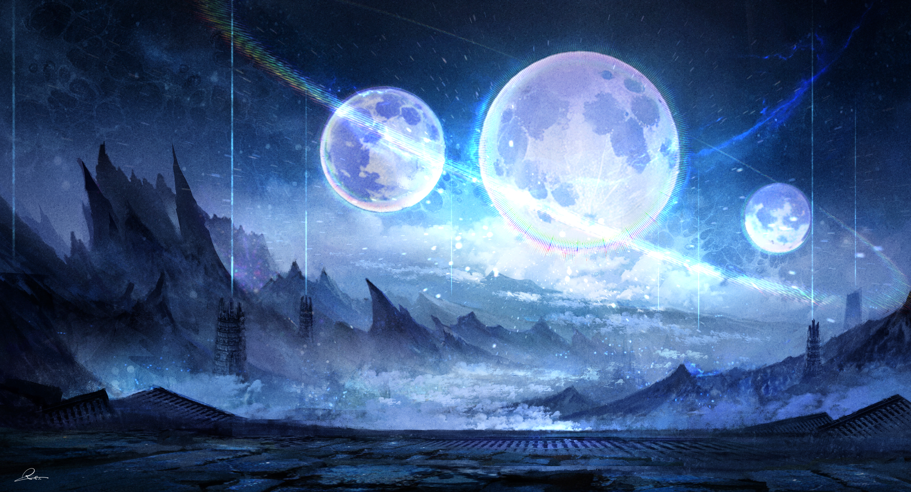 kurasuta, original, chinese commentary, commentary, commentary request, concept art, english commentary, highres, mixed-language commentary, black sky, dated commentary, fantasy, full moon, landscape, moon, mountain, multiple moons, night, no humans, outdoors, scenery, signature, sky, tower