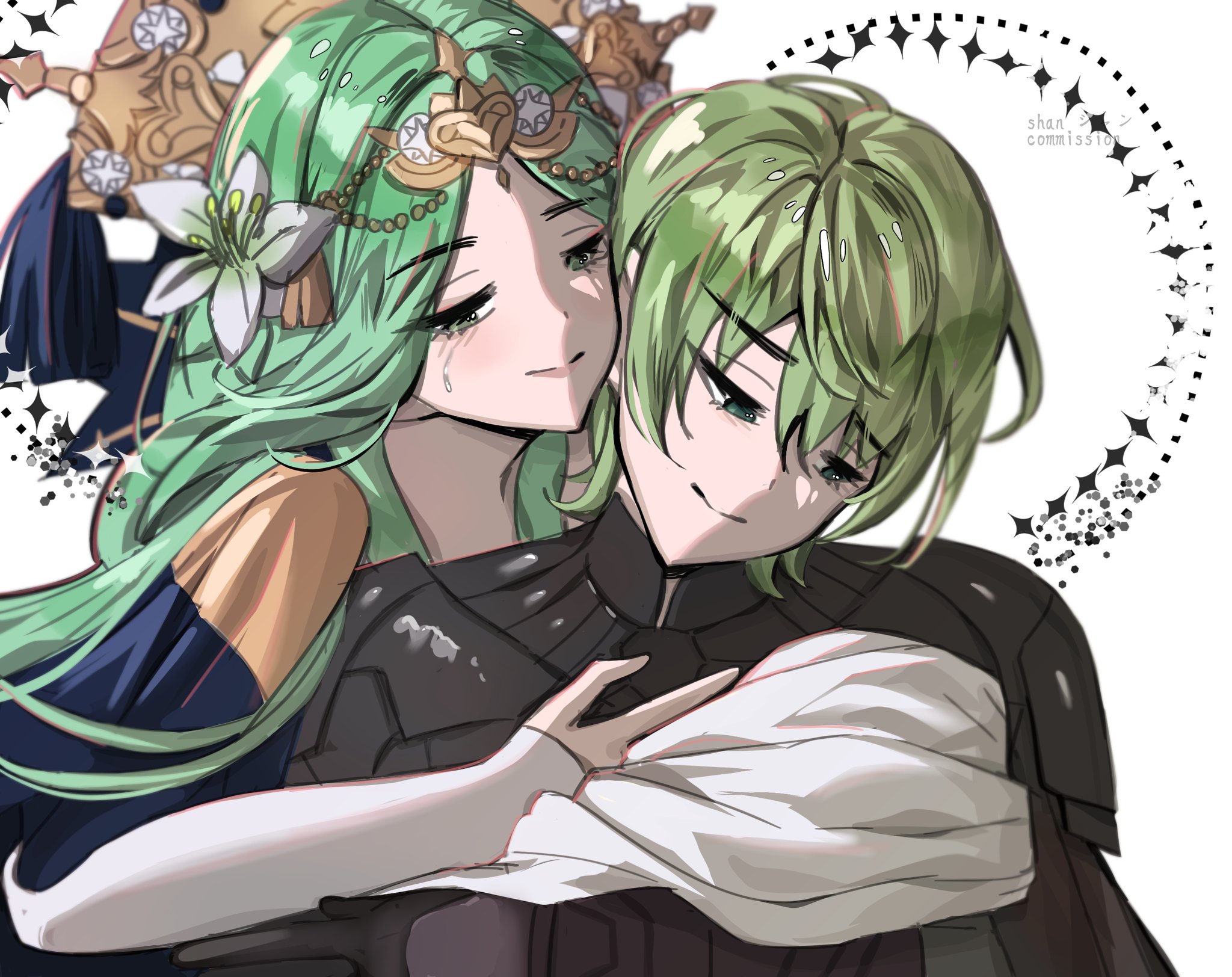 mariirasuto7, male byleth (awakened) (fire emblem), male byleth (fire emblem), rhea (fire emblem), fire emblem, fire emblem: three houses, nintendo, commentary, english commentary, highres, 1boy, 1girl, 1other, baby, breasts, carrying, carrying baby, carrying person, closed mouth, couple, flower, green eyes, green hair, hair flower, hair ornament, happy tears, head tilt, husband and wife, long hair, official alternate eye color, official alternate hair color, short hair, smile, tears, tiara