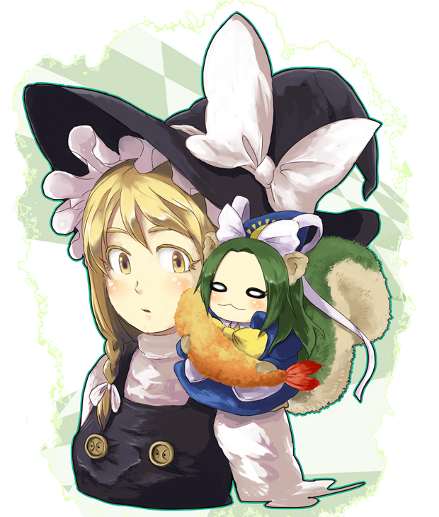 amamori kohan, kirisame marisa, mima (touhou), touhou, touhou (pc-98), bad id, bad pixiv id, 2girls, :3, blonde hair, chibi, crustacean, female focus, food, gradient background, hat, multiple girls, ribbon, shrimp, shrimp tempura, squirrel tail, tail, tempura, upper body, white background, wizard hat