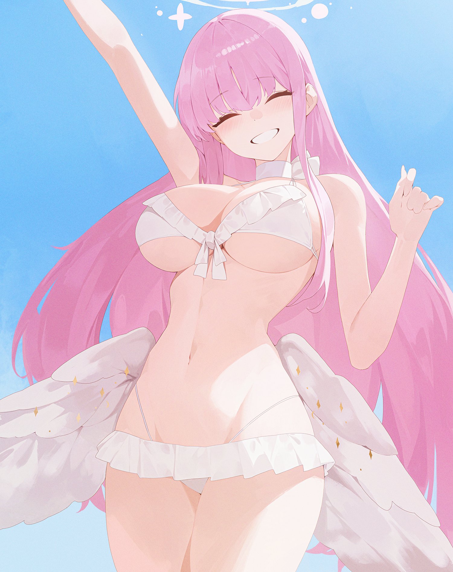 mika (blue archive), mika (swimsuit) (blue archive), blue archive, commentary request, highres, 1girl, angel wings, arm up, bikini, blue background, blush, breasts, choker, closed eyes, cowboy shot, feathered wings, frilled bikini, frills, grin, halo, hand up, large breasts, long hair, low wings, navel, official alternate costume, official alternate hairstyle, pink hair, pink halo, sla2h help, smile, solo, swimsuit, white bikini, white choker, white wings, wing ornament, wings