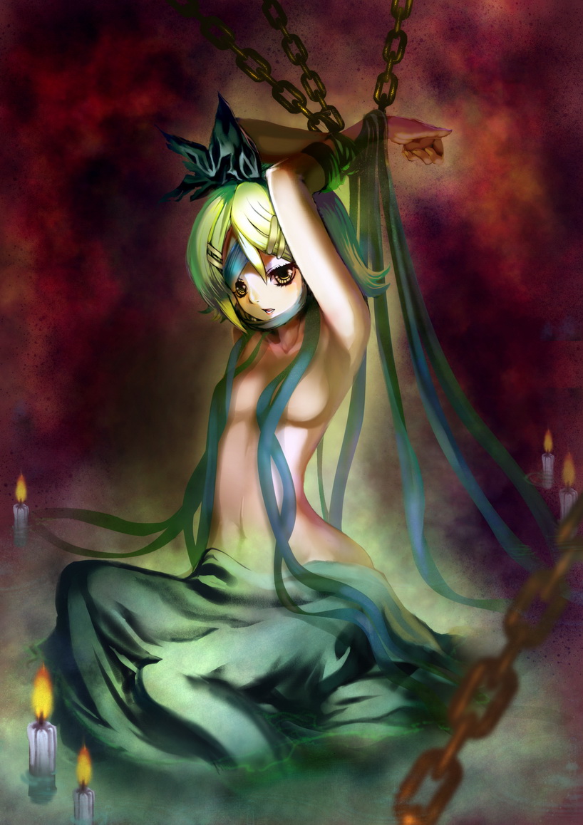 st.microscope, kagamine rin, vocaloid, 1girl, bdsm, blonde hair, bondage, bound, candle, chain, female focus, hair ornament, hair ribbon, hairclip, ribbon, short hair, solo, yellow eyes