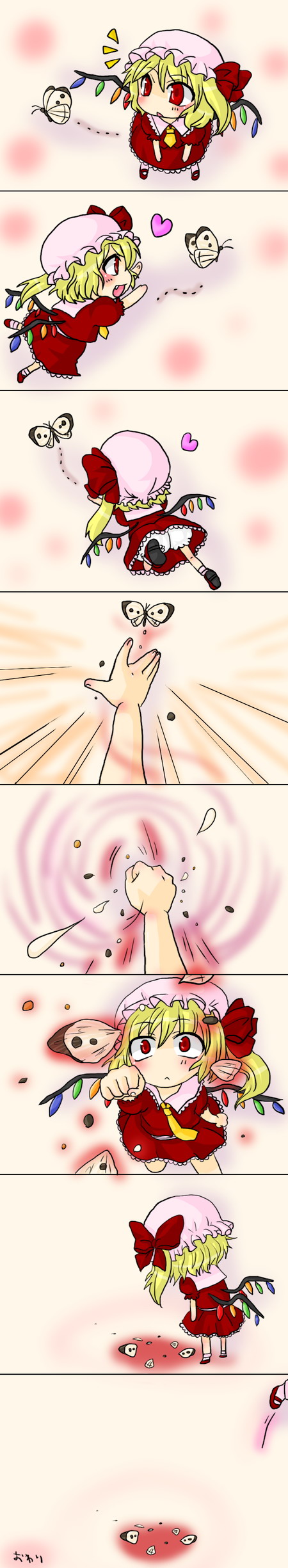 flandre scarlet, touhou, absurdres, highres, long image, tall image, 1girl, blonde hair, comic, female focus, hat, ponytail, red eyes, short hair, side ponytail, solo, wings