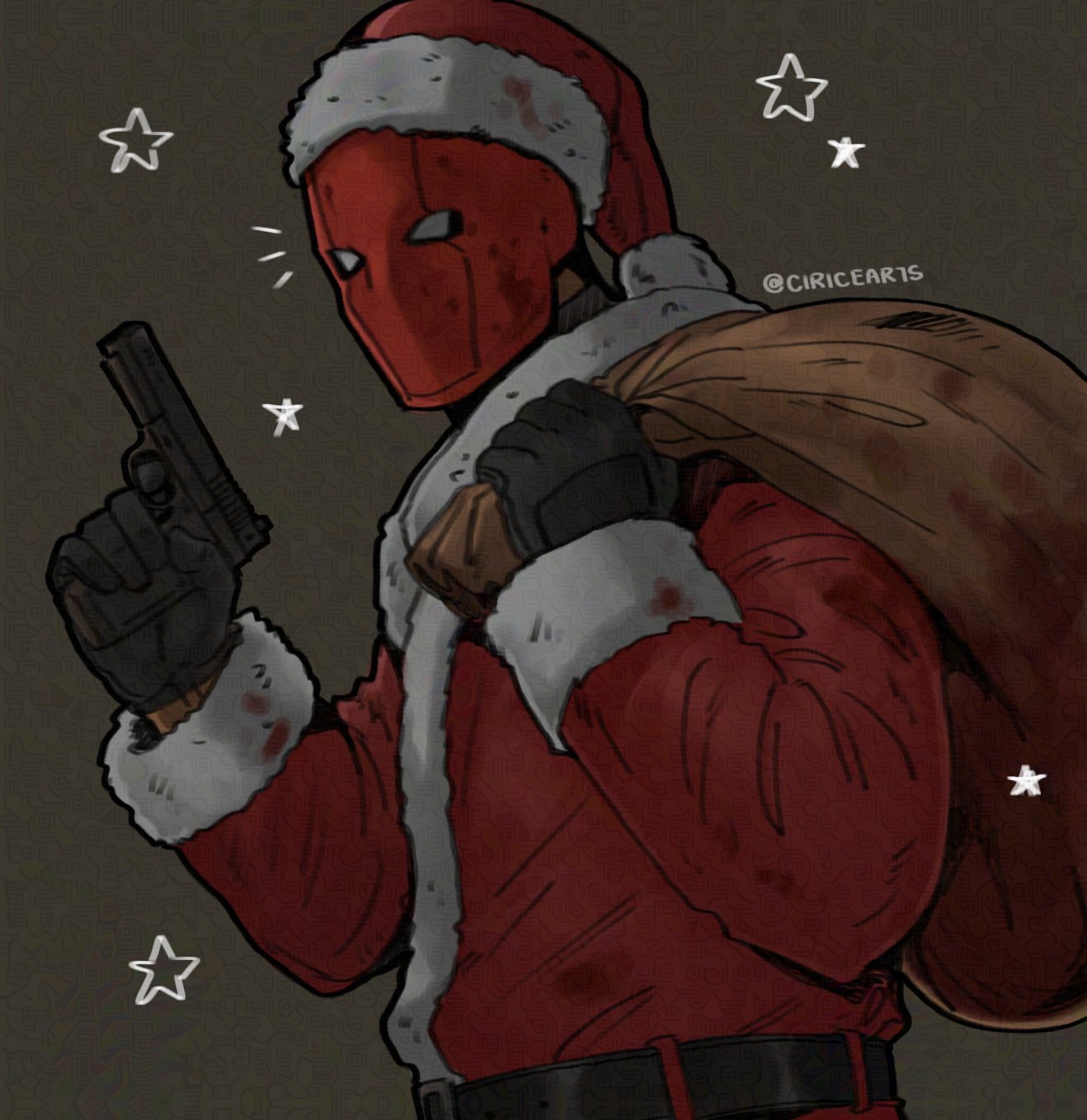 ciricearts, red hood (dc), batman (series), dc comics, red hood and the outlaws, commentary, english commentary, highres, 1boy, black gloves, bodysuit, christmas, fur-trimmed headwear, fur trim, gloves, hat, holding, holding sack, male focus, mask, multicolored bodysuit, muscular, muscular male, red mask, sack, santa costume, santa hat, superhero costume, taut bodysuit, two-tone bodysuit