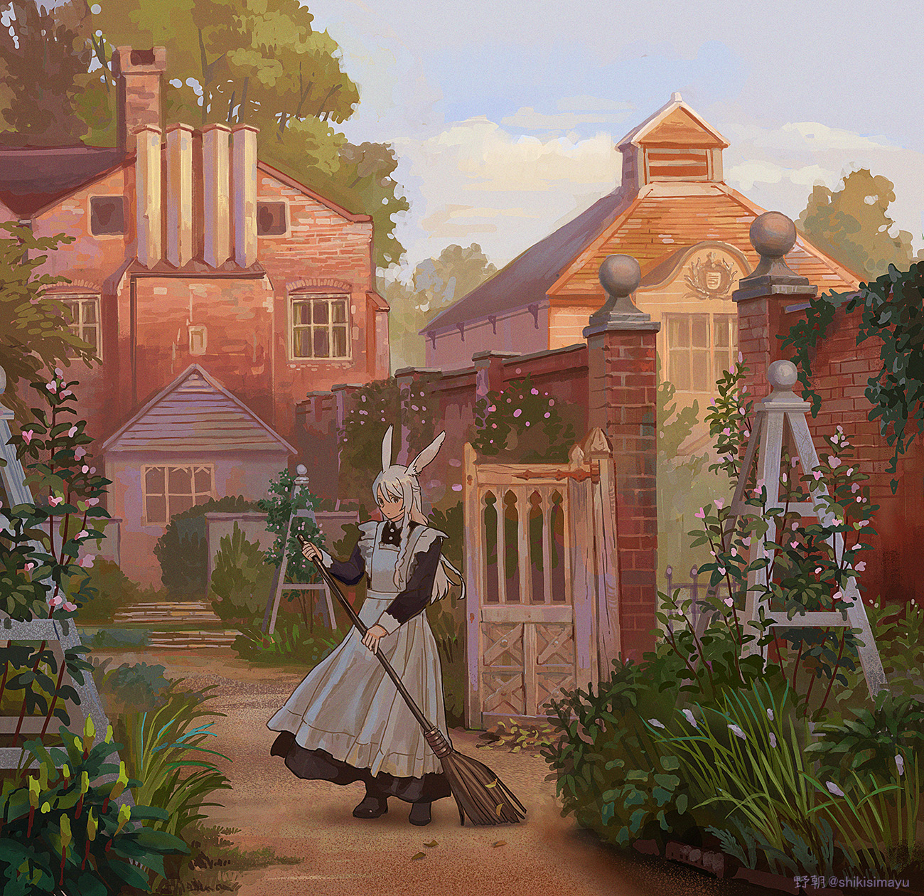 noasa, original, commentary request, highres, 1girl, animal ears, apron, black dress, black shoes, brick wall, broom, building, cleaning, day, dress, evening, flower, full body, garden, holding, holding broom, long dress, long hair, long sleeves, looking at viewer, maid, maid apron, outdoors, plant, rabbit ears, rabbit girl, shoes, slice of life, solo, standing, tree, twitter username, white apron, white flower, white hair, yellow flower