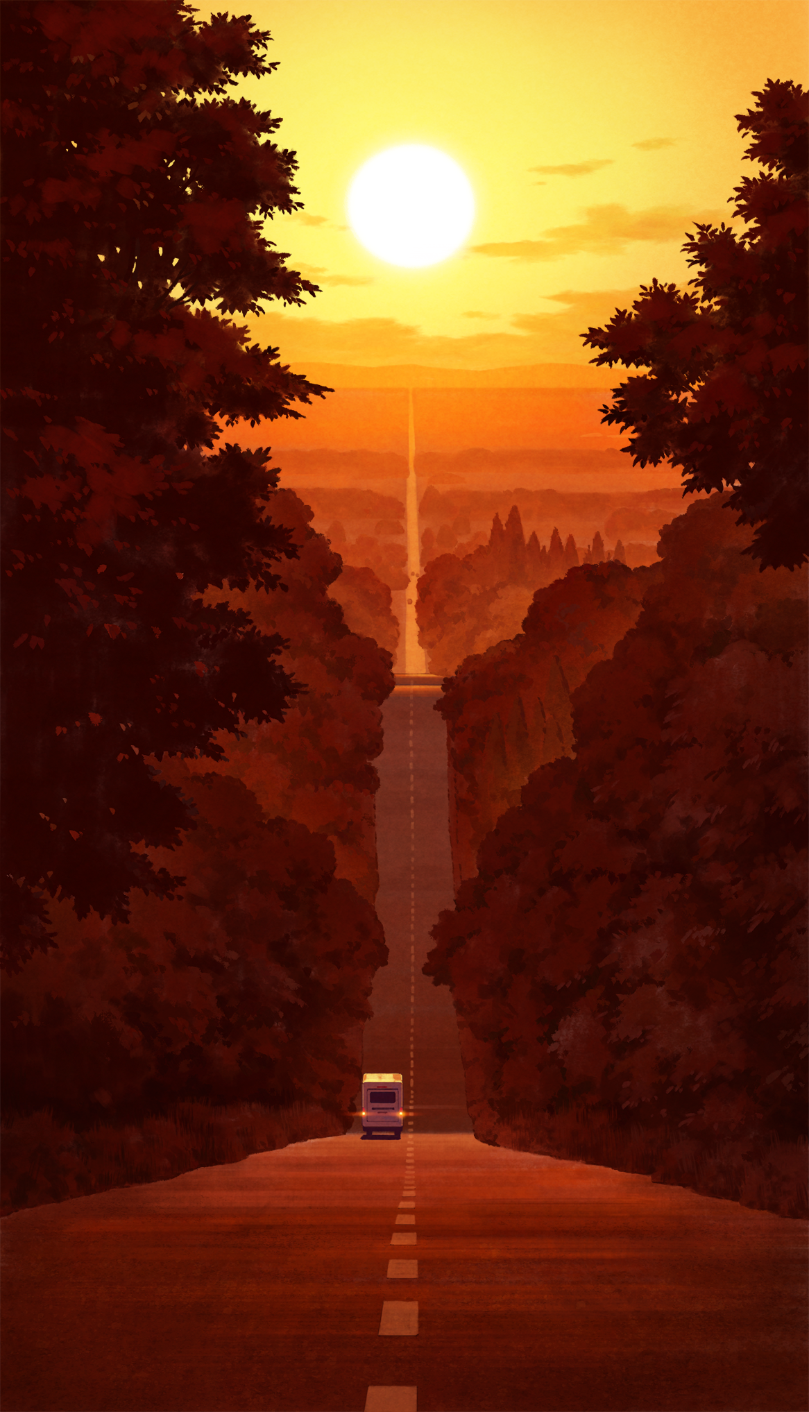 hariken, original, commentary request, highres, car, cloud, colorful, evening, forest, hill, landscape, motor vehicle, nature, no humans, outdoors, road, scenery, sky, sun, sunset, tree, warm colored, yellow sky