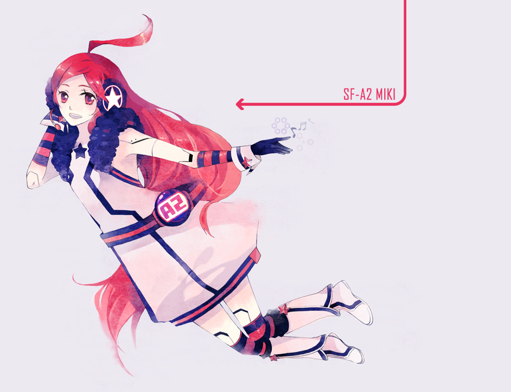 mig (36th underground), sf-a2 miki, vocaloid, bad id, bad pixiv id, 1girl, ahoge, android, belt, boots, dress, female focus, full body, gloves, headphones, headset, hood, joints, kneehighs, long hair, red eyes, red hair, robot joints, smile, socks, solo, star (symbol), striped clothes, striped gloves, striped socks, very long hair, wrist cuffs