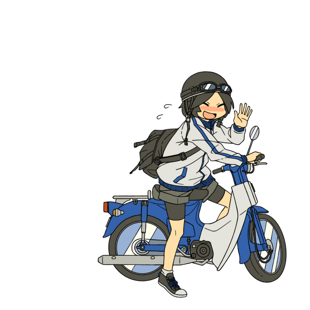 uewtsol, ruri (uewtsol), original, vehicle, 1girl, backpack, bag, bike shorts, black hair, blush, female focus, goggles, helmet, honda cub, jacket, motor vehicle, motorcycle, randoseru, short hair, solo, waving
