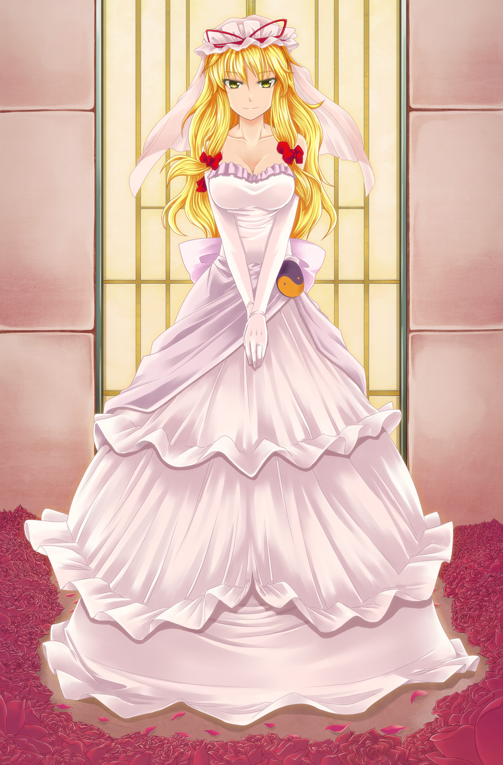 kuon846, kuon yashiro, yakumo yukari, touhou, bad id, bad pixiv id, commentary, highres, 1girl, bare shoulders, blonde hair, bow, breasts, bridal veil, bride, cleavage, dress, elbow gloves, female focus, gloves, hat, large breasts, long hair, petals, ribbon, rose petals, smile, solo, veil, wedding dress, yellow eyes, yin yang