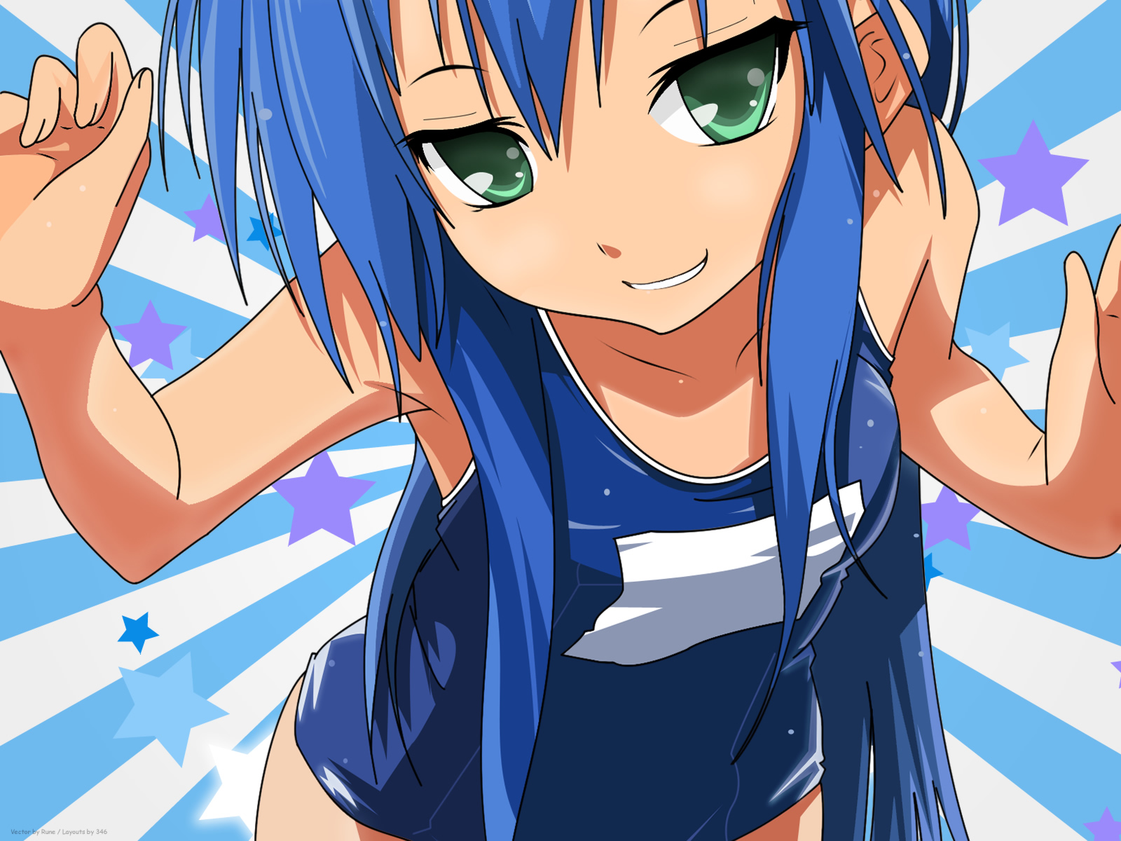 izumi kanata, izumi konata, lucky star, derivative work, highres, third-party edit, vector trace, 00s, 1girl, blue hair, female focus, green eyes, long hair, naughty face, one-piece swimsuit, school swimsuit, smile, solo, star (symbol), swimsuit, watermark, wet