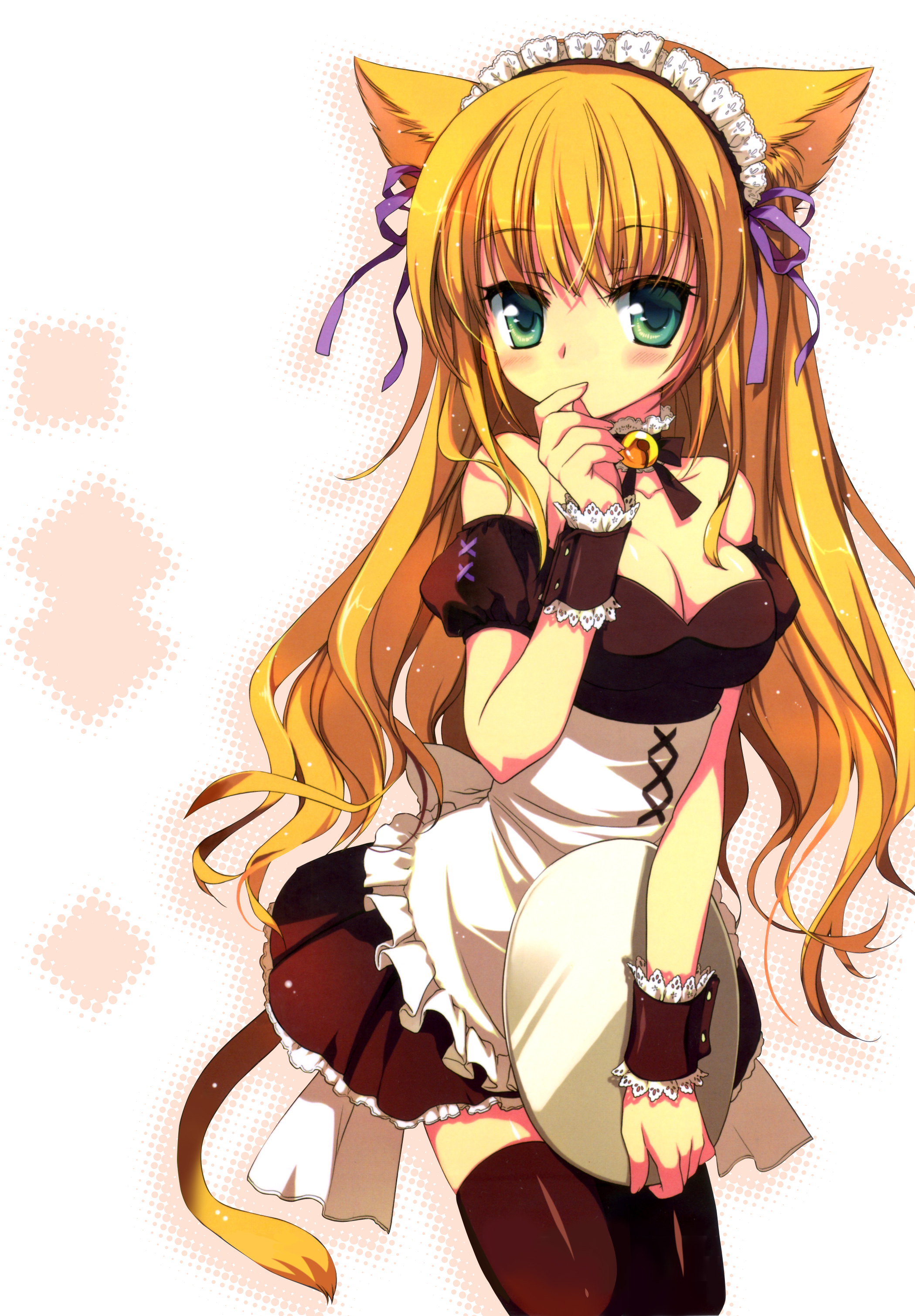 riv (rivleaf), absurdres, character request, highres, source request, 1girl, animal ears, armband, bell, black thighhighs, blonde hair, blush, breasts, cat ears, cat tail, cleavage, collar, covering own mouth, dress, female focus, green eyes, hand over mouth, hand over own mouth, jingle bell, large breasts, long hair, maid, maid headdress, moe (phrase), neck bell, plate, ribbon, short dress, solo, tail, thighhighs, tray, waitress, wrist cuffs, zettai ryouiki