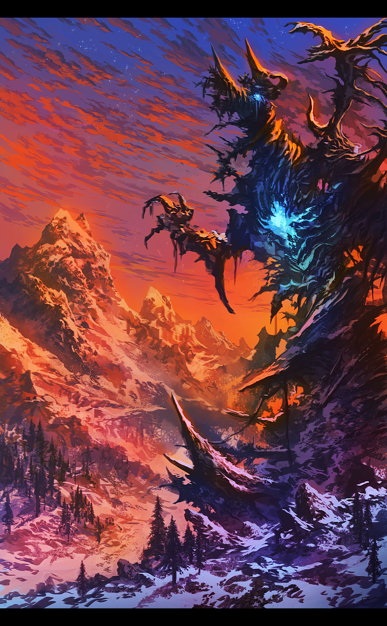 j.taneda, original, commentary request, highres, cloud, evening, fantasy, gradient sky, grand scale, landscape, letterboxed, monster, mountain, no humans, outdoors, pine tree, red clouds, scenery, sky, snow, tree, winter