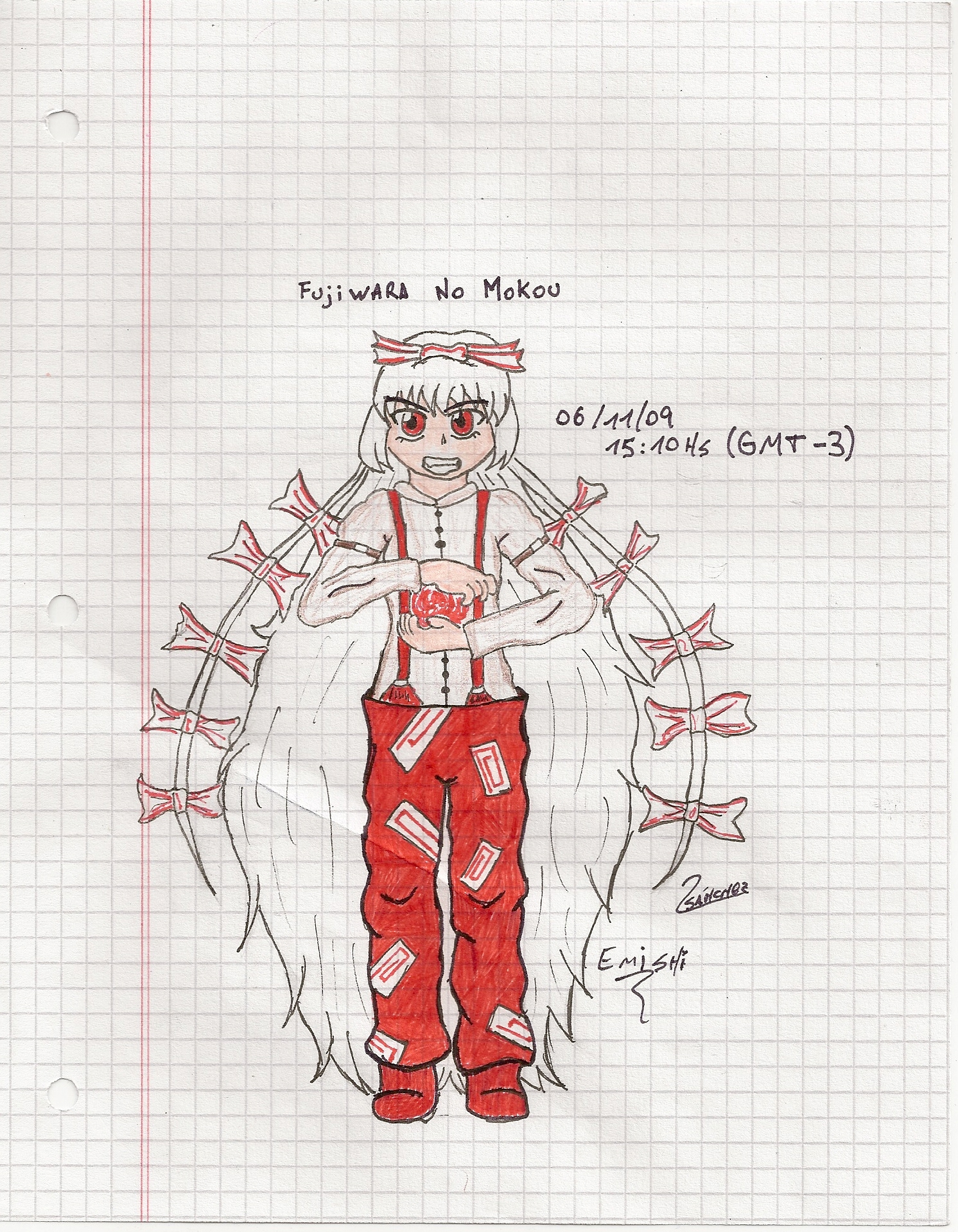 fujiwara no mokou, imperishable night, touhou, bad tag, highres, scan, emishi(autor), fire, long hair, red eyes, ribbon, white hair