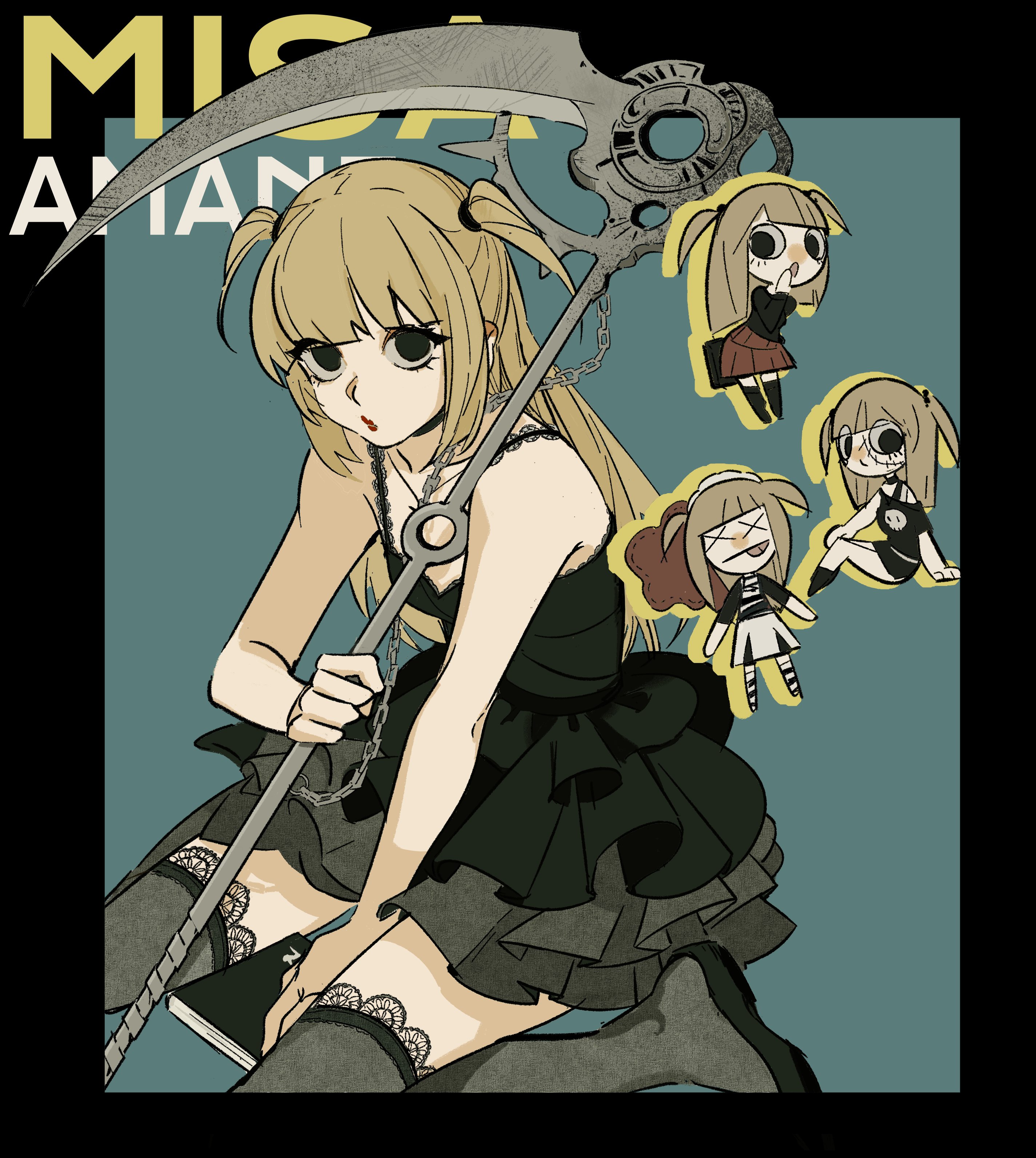 amane misa, death note, absurdres, commentary, hashtag-only commentary, highres, 1girl, bare shoulders, black border, black dress, black eyes, black shirt, black shoes, black thighhighs, blonde hair, blue background, border, chain, character name, chibi, chibi inset, death note (object), dress, eyelashes, frilled dress, frills, holding, holding scythe, holding weapon, lace, lace-trimmed dress, lace-trimmed thighhighs, lace trim, lips, long hair, long sleeves, looking at viewer, outside border, red lips, red skirt, scythe, shirt, shoes, short dress, sitting, skirt, sleeveless, sleeveless dress, sorrel (sorrel64300777), stitched face, stitches, thighhighs, tongue, tongue out, two side up, wariza, weapon, x x