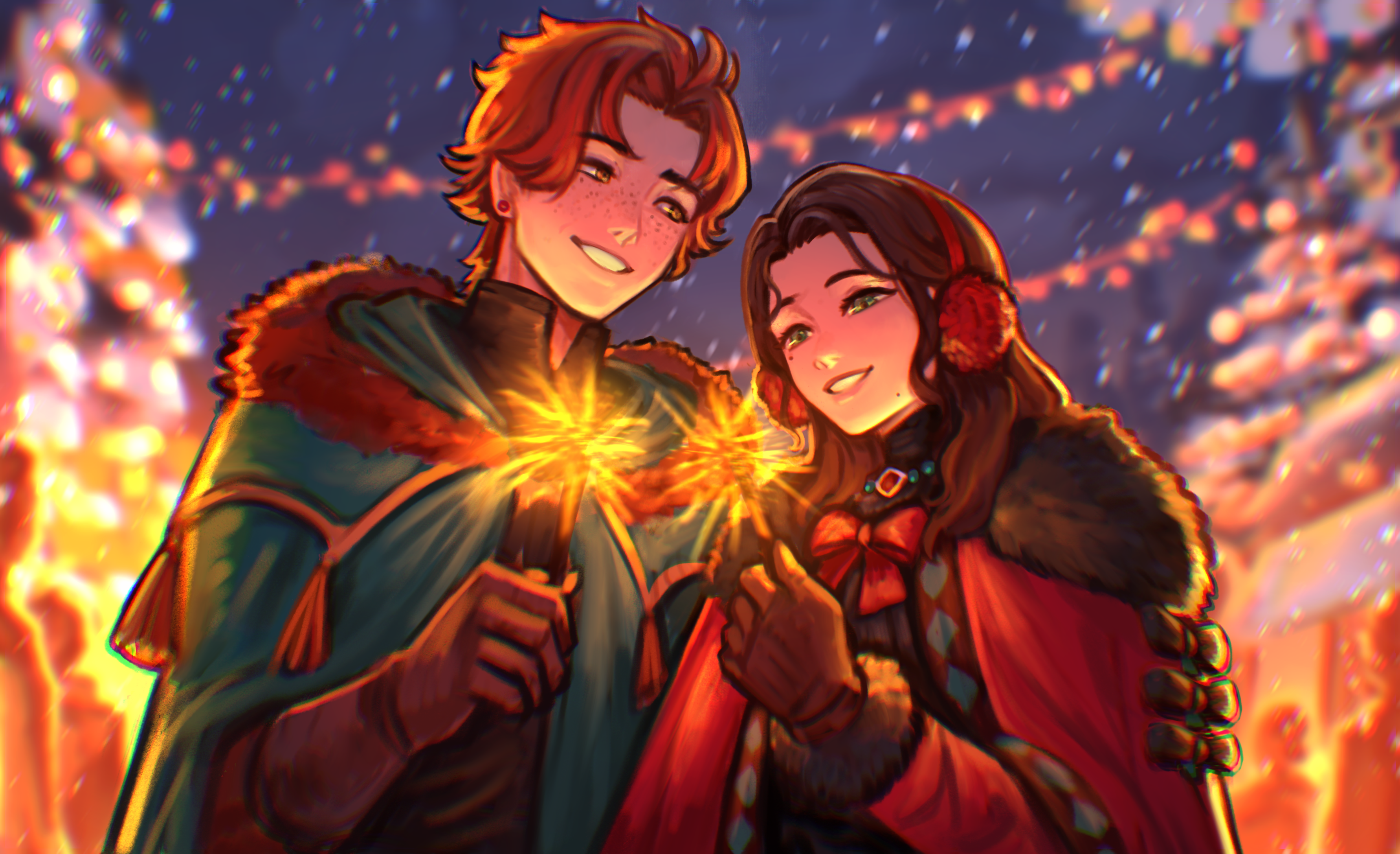 sethkiel, dorothea arnault, dorothea arnault (timeskip), sylvain jose gautier, sylvain jose gautier (timeskip), fire emblem, fire emblem: three houses, nintendo, absurdres, highres, second-party source, 1boy, 1girl, alternate costume, black gloves, bow, bowtie, brown hair, christmas, earmuffs, forehead, from below, gloves, green eyes, grin, holding, holding fireworks, looking down, night, orange hair, outdoors, red bow, red bowtie, smile, snowing, upper body, winter