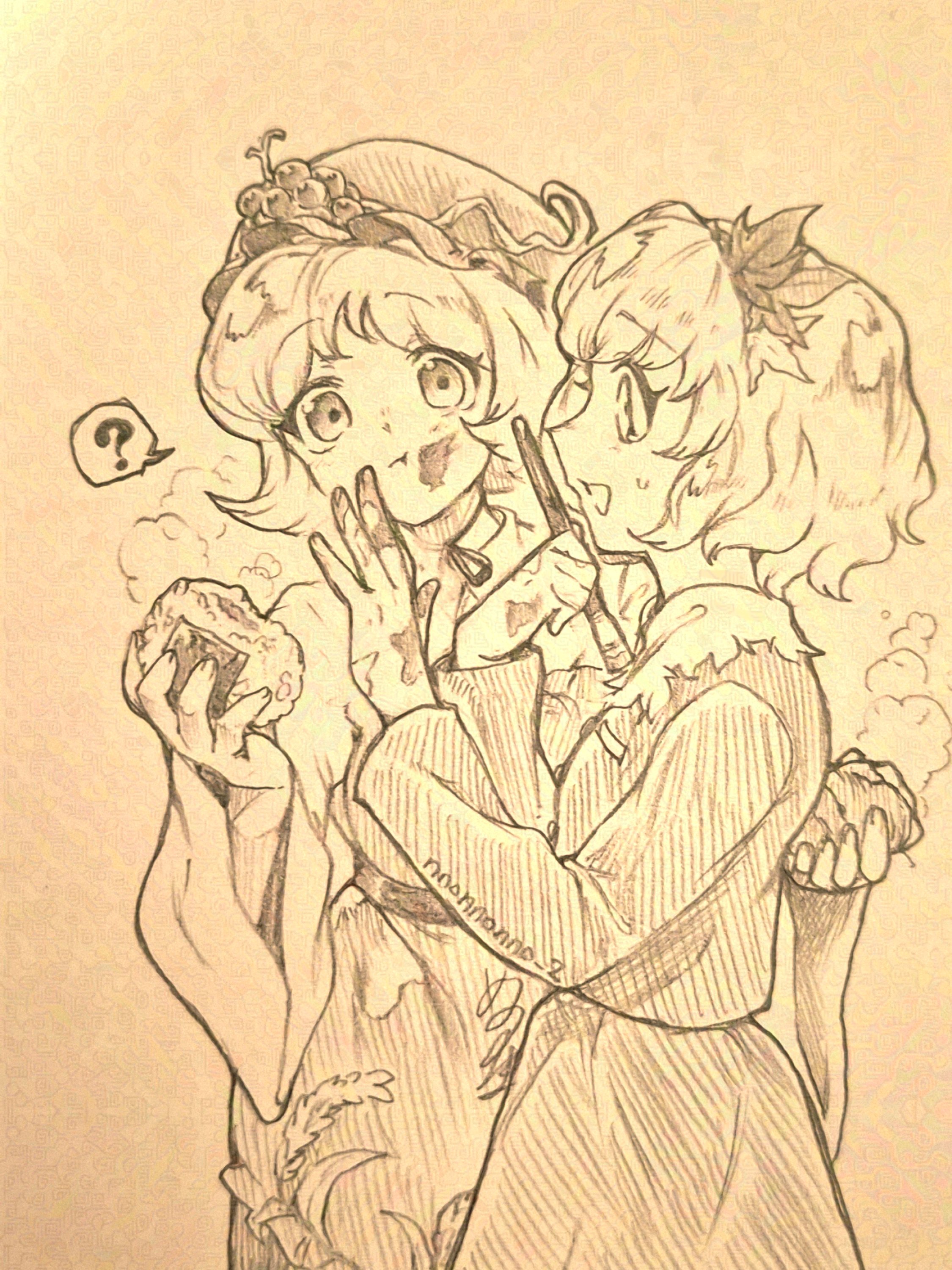 menotama, aki minoriko, aki shizuha, touhou, absurdres, commentary request, highres, traditional media, 2girls, ?, apron, artist name, closed mouth, food, grape hat ornament, hair ornament, hat, holding, holding food, holding paintbrush, leaf hair ornament, long sleeves, multiple girls, onigiri, open mouth, paint on fingers, paint splatter, paint splatter on face, paintbrush, roasted sweet potato, shirt, short hair, siblings, signature, sisters, skirt, smile, spoken question mark, sweatdrop, sweet potato