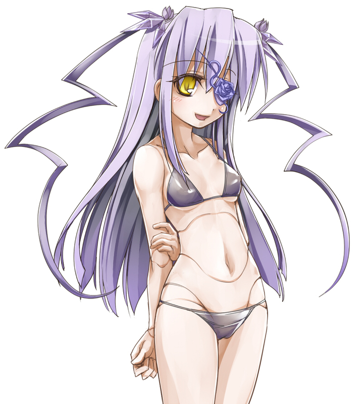 sasa ichi, barasuishou, rozen maiden, 00s, 1girl, bikini, breasts, doll joints, eyepatch, female focus, hair ornament, joints, long hair, lowleg, navel, purple hair, small breasts, smile, solo, swimsuit, twintails, yellow eyes