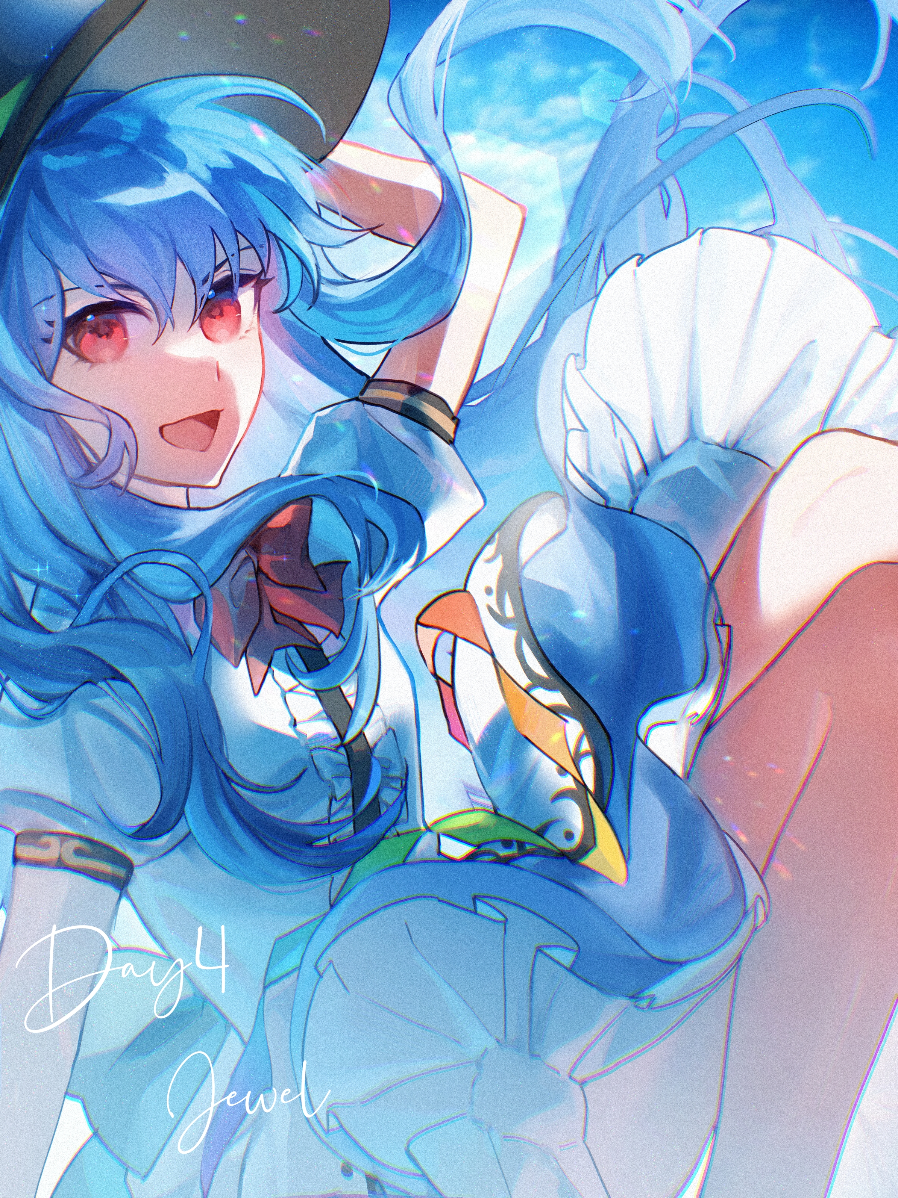 hinanawi tenshi, touhou, absurdres, chinese commentary, commentary request, highres, 1girl, :d, black hat, blue hair, center frills, chromatic aberration, day, frills, hair between eyes, hat, lens flare, long hair, looking at viewer, open mouth, puffy short sleeves, puffy sleeves, red eyes, shirt, short sleeves, signature, skirt, smile, solo, unbalamos-jewel, white shirt, white skirt