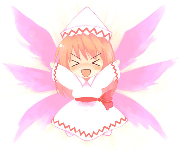 kito (sorahate), lily white, touhou, md5 mismatch, > <, 1girl, blush, chibi, closed eyes, female focus, orange hair, simple background, solo, wings