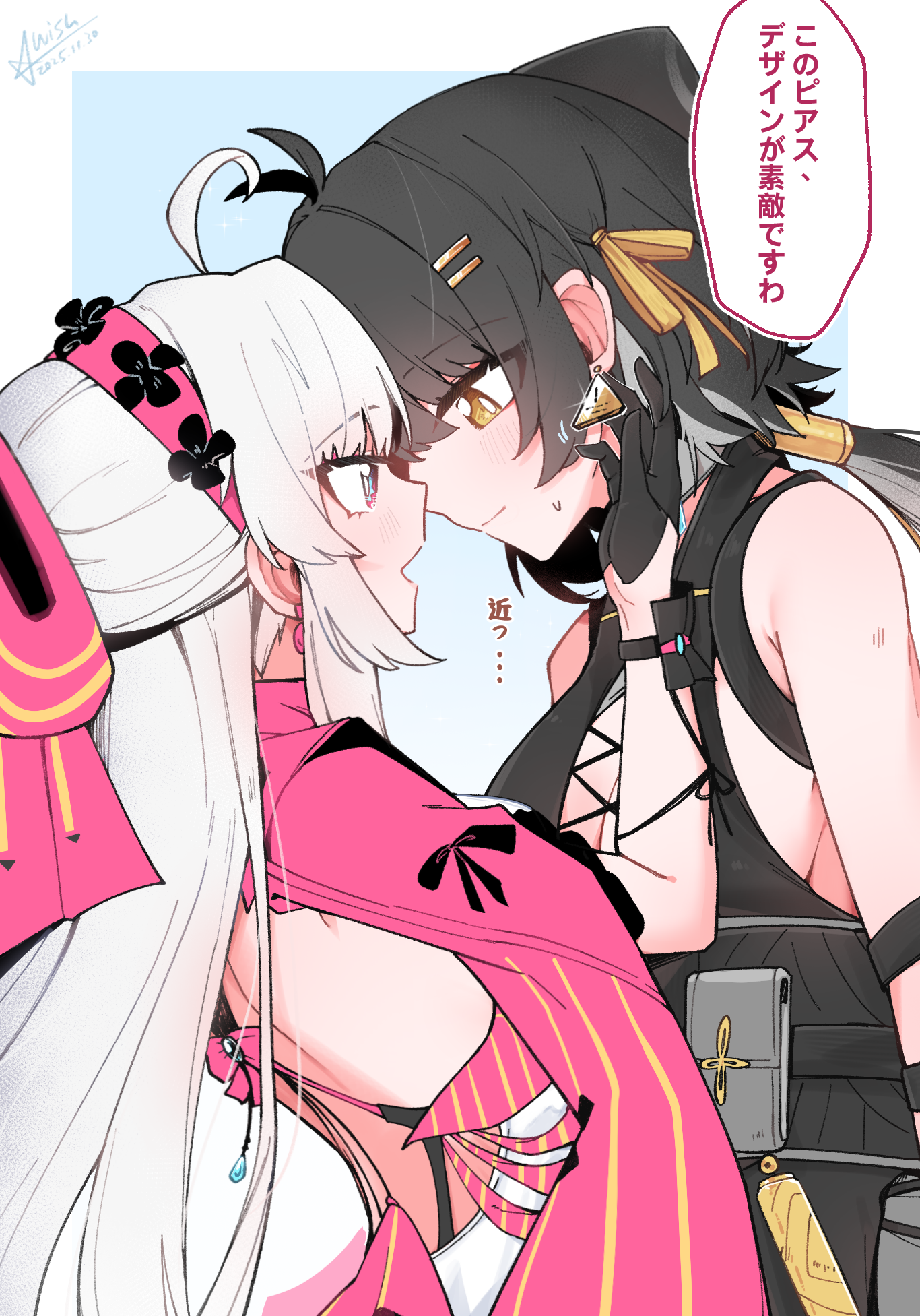 starblame, carlotta (wuthering waves), female rover (wuthering waves), rover (wuthering waves), wuthering waves, commentary request, highres, translation request, 2girls, ahoge, bare shoulders, black dress, black gloves, blue background, border, bow, breasts, cleavage, closed mouth, cross-laced clothes, cross-laced dress, dated, dress, earrings, eye contact, from side, gloves, grey hair, hair bow, hair ornament, hair ribbon, hairband, hairclip, hand up, jacket, jewelry, long hair, looking at another, low ponytail, medium breasts, multiple girls, open mouth, parallel hairclips, pink bow, pink hairband, pink jacket, ponytail, ribbon, signature, sleeveless, sleeveless dress, smile, triangle earrings, upper body, white border, yellow eyes, yellow ribbon, yuri