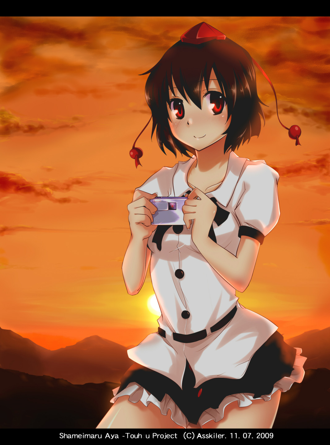 asskiler, shameimaru aya, touhou, bad id, bad pixiv id, highres, 1girl, blush, camera, female focus, hat, letterboxed, looking at viewer, red eyes, solo, sunset, tokin hat