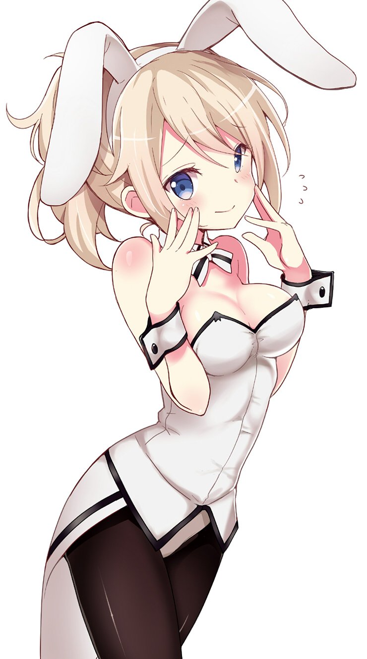 itamochi, aoyama blue mountain, gochuumon wa usagi desu ka?, commentary request, highres, 1girl, animal ears, bare shoulders, blue eyes, blush, breasts, brown hair, closed mouth, cowboy shot, leotard, looking at viewer, medium breasts, pantyhose, playboy bunny, ponytail, rabbit ears, simple background, smile, solo, standing, white background, white leotard, wrist cuffs