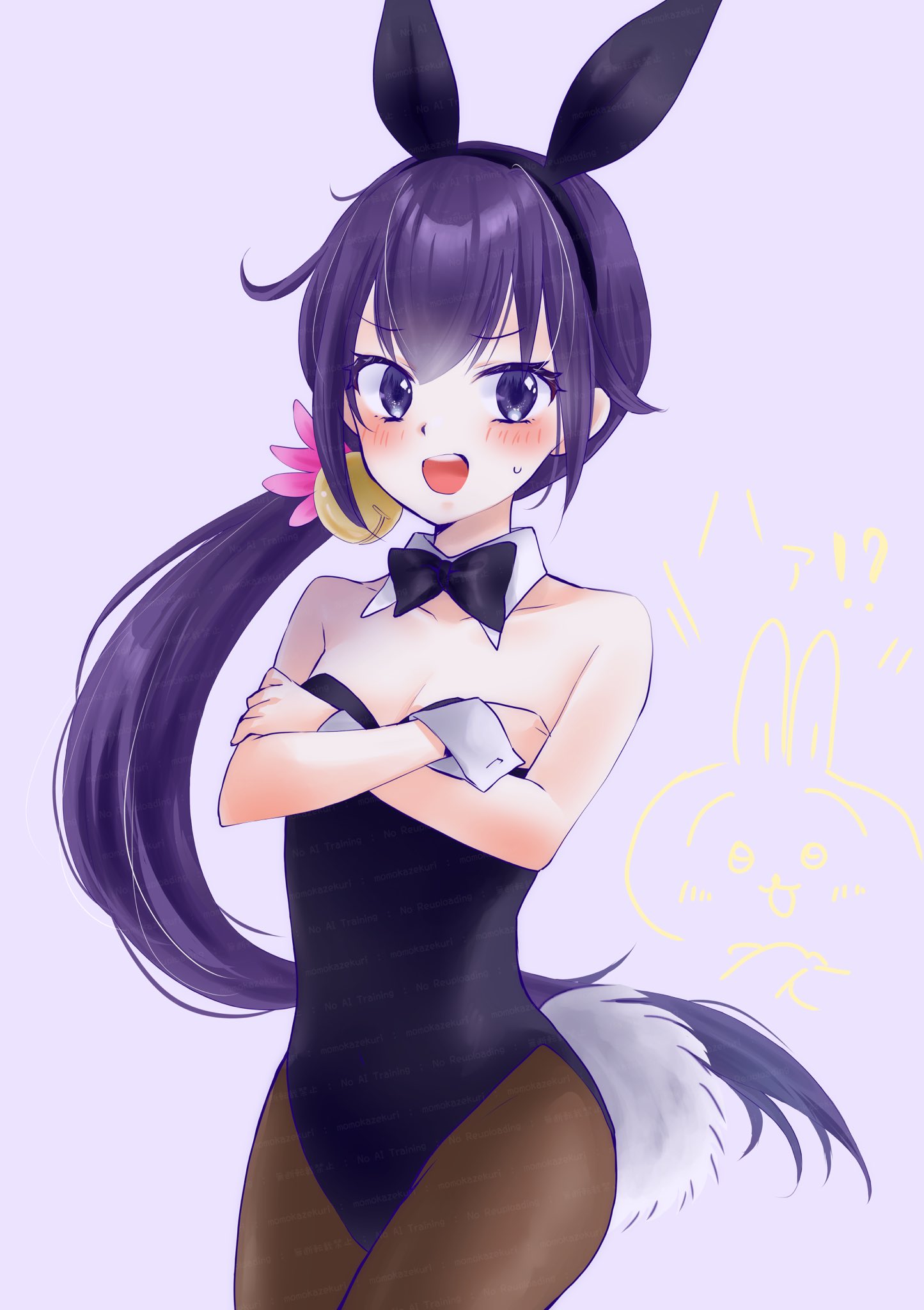 momokaze kuri, akebono (kancolle), kantai collection, commentary request, highres, 1girl, animal ear hairband, animal ears, bare shoulders, bell, black leotard, blush, breasts, cleavage, covered navel, crossed arms, detached collar, fake animal ears, flower, hair bell, hair flower, hair ornament, hairband, jingle bell, leotard, long hair, looking at viewer, open mouth, pantyhose, pink background, playboy bunny, purple eyes, purple hair, rabbit ear hairband, rabbit ears, rabbit tail, side ponytail, signature, small breasts, smile, solo, strapless, strapless leotard, tail, very long hair, white wrist cuffs, wrist cuffs