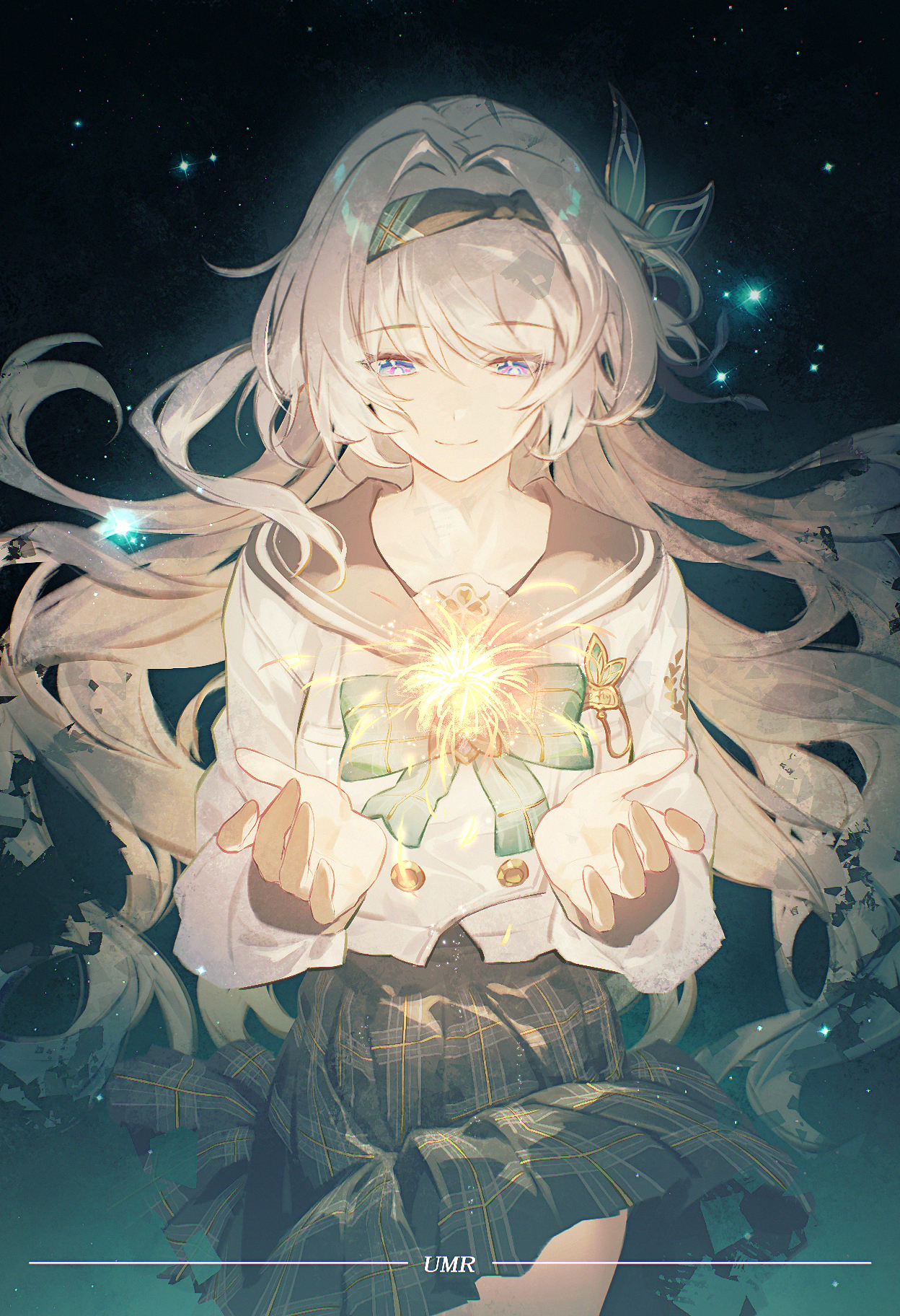 yumero, firefly (honkai: star rail), firefly (spring missive) (honkai: star rail), honkai: star rail, honkai (series), chinese commentary, commentary request, highres, 1girl, aqua bow, aqua bowtie, artist name, black hairband, black skirt, bow, bowtie, closed mouth, facing viewer, grey hair, hair intakes, hair spread out, hairband, long hair, long sleeves, multicolored eyes, object floating above hand, plaid clothes, plaid skirt, sailor collar, sailor shirt, shirt, skirt, solo, very long hair