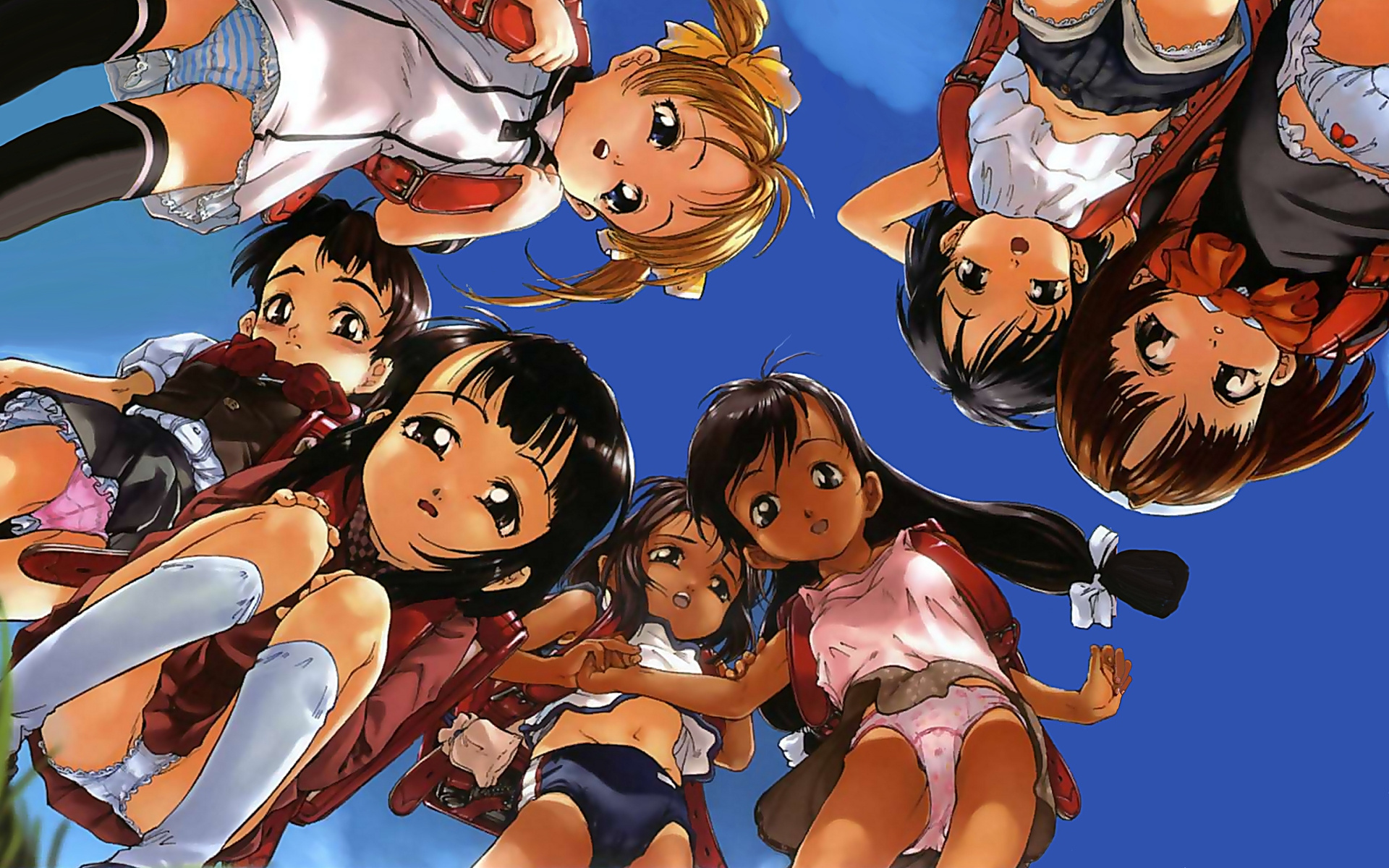 highres, tagme, 6+girls, backpack, bag, black hair, blonde hair, brown hair, buruma, from below, hair ribbon, loli, multiple girls, panties, pink panties, randoseru, ribbon, striped clothes, striped panties, tan, tanline, underwear