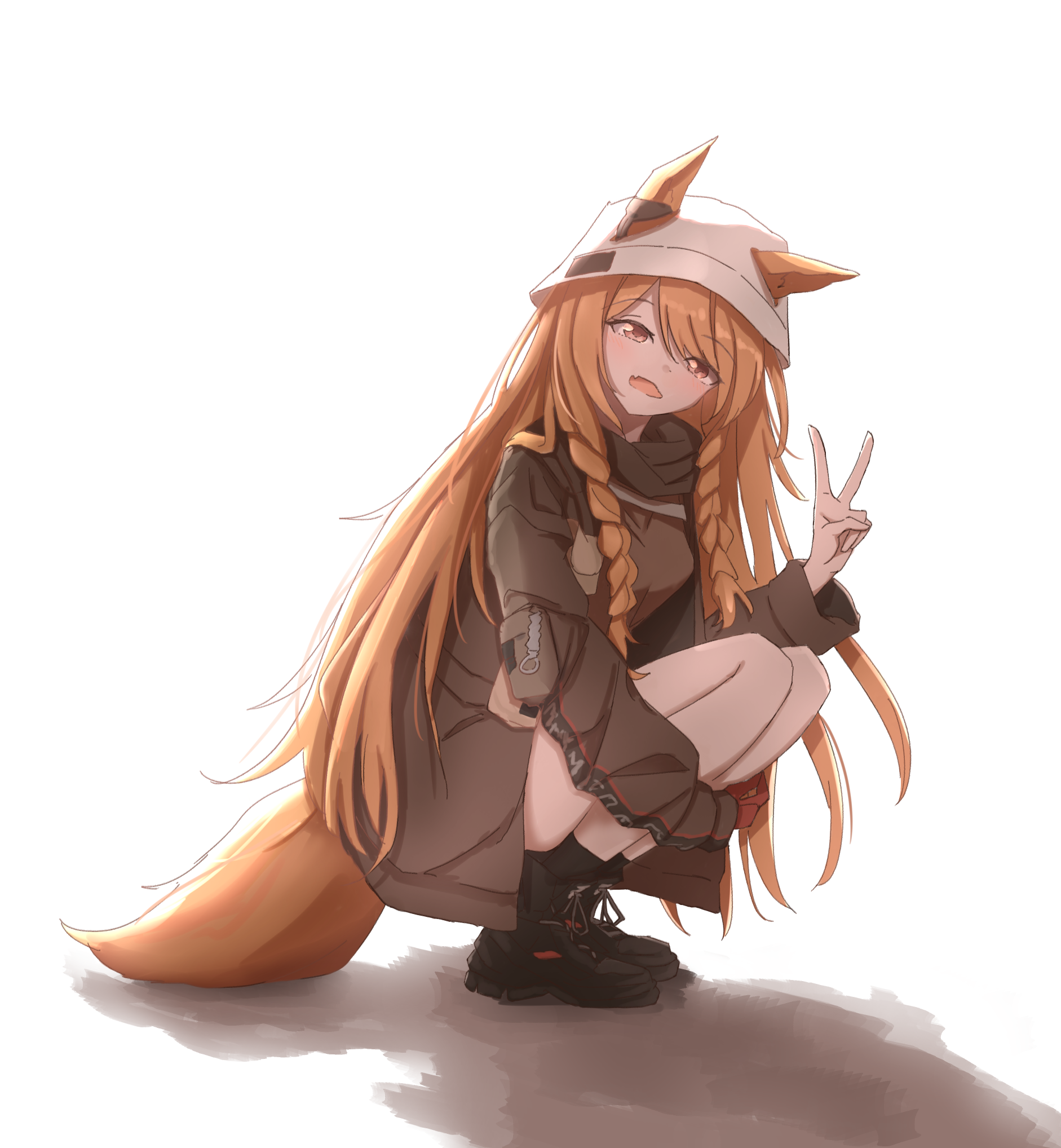 inago (kumakiti175), ceobe (arknights), ceobe (unfettered) (arknights), arknights, commentary request, highres, partial commentary, 1girl, :d, animal ears, ankle boots, black boots, boots, braid, brown hair, brown jacket, brown tail, ears through headwear, fang, full body, jacket, light blush, long hair, long sleeves, looking at viewer, official alternate costume, open mouth, simple background, skin fang, smile, solo, squatting, tail, twin braids, v, white background