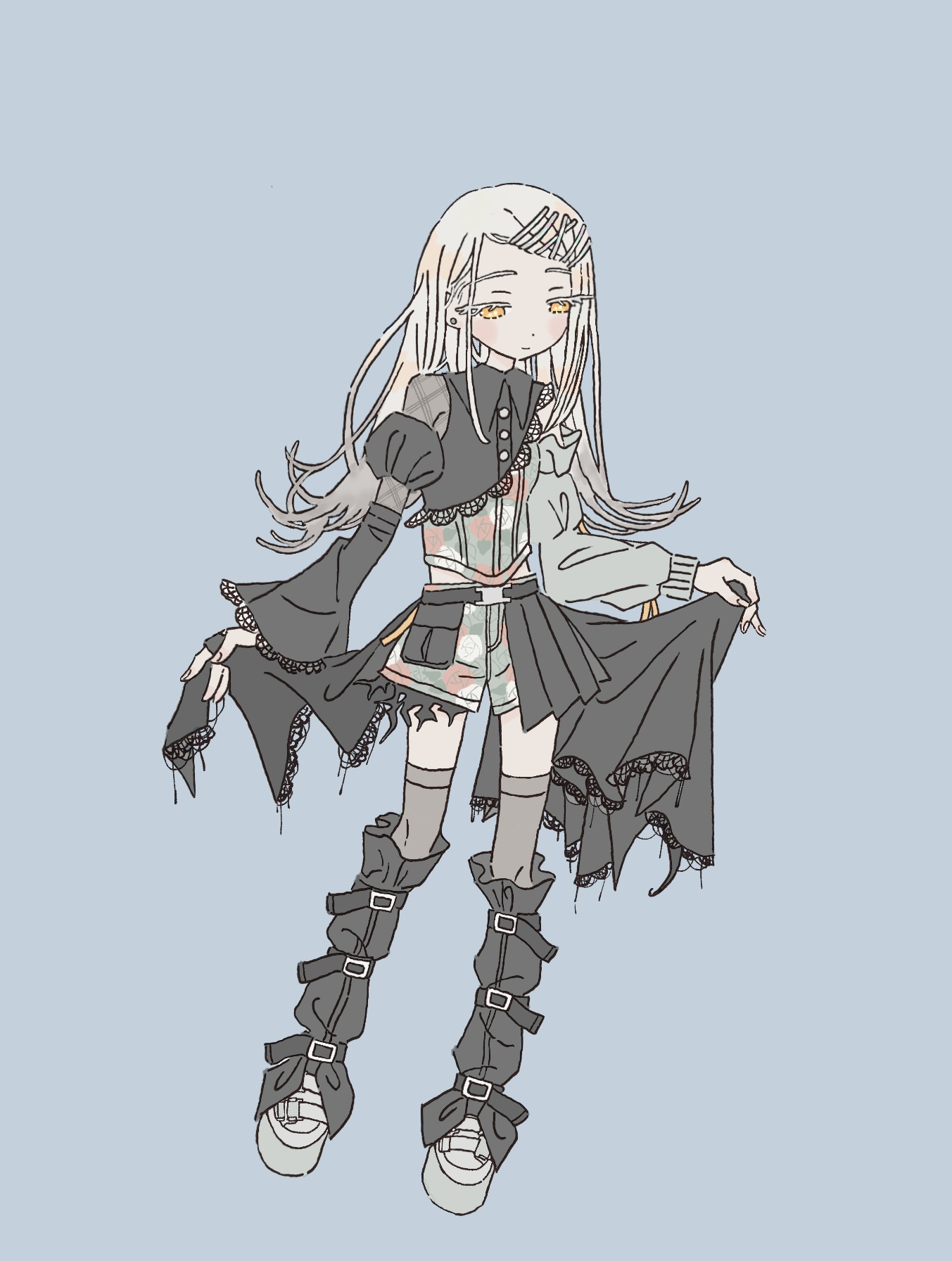 bouryoku hantai, shinosawa hiro, gakuen idolmaster, idolmaster, commentary request, highres, 1girl, belt, belt pouch, black belt, black leg warmers, black shirt, black skirt, blonde hair, blue background, blush, closed mouth, collared shirt, colored eyelashes, contrast (idolmaster), detached sleeves, earrings, flipped hair, floral print, full body, gradient hair, grey hair, grey sleeves, hair ornament, hairclip, half-closed eyes, jewelry, leg belt, leg warmers, long hair, long sleeves, looking down, midriff peek, multicolored hair, multicolored shirt, multicolored shorts, orange eyes, parallel hairclips, platform shoes, pleated skirt, pouch, shirt, shoes, shorts, showgirl skirt, simple background, single detached sleeve, single sleeve, skirt, skirt hold, solo, standing, stud earrings, white shoes, x hair ornament