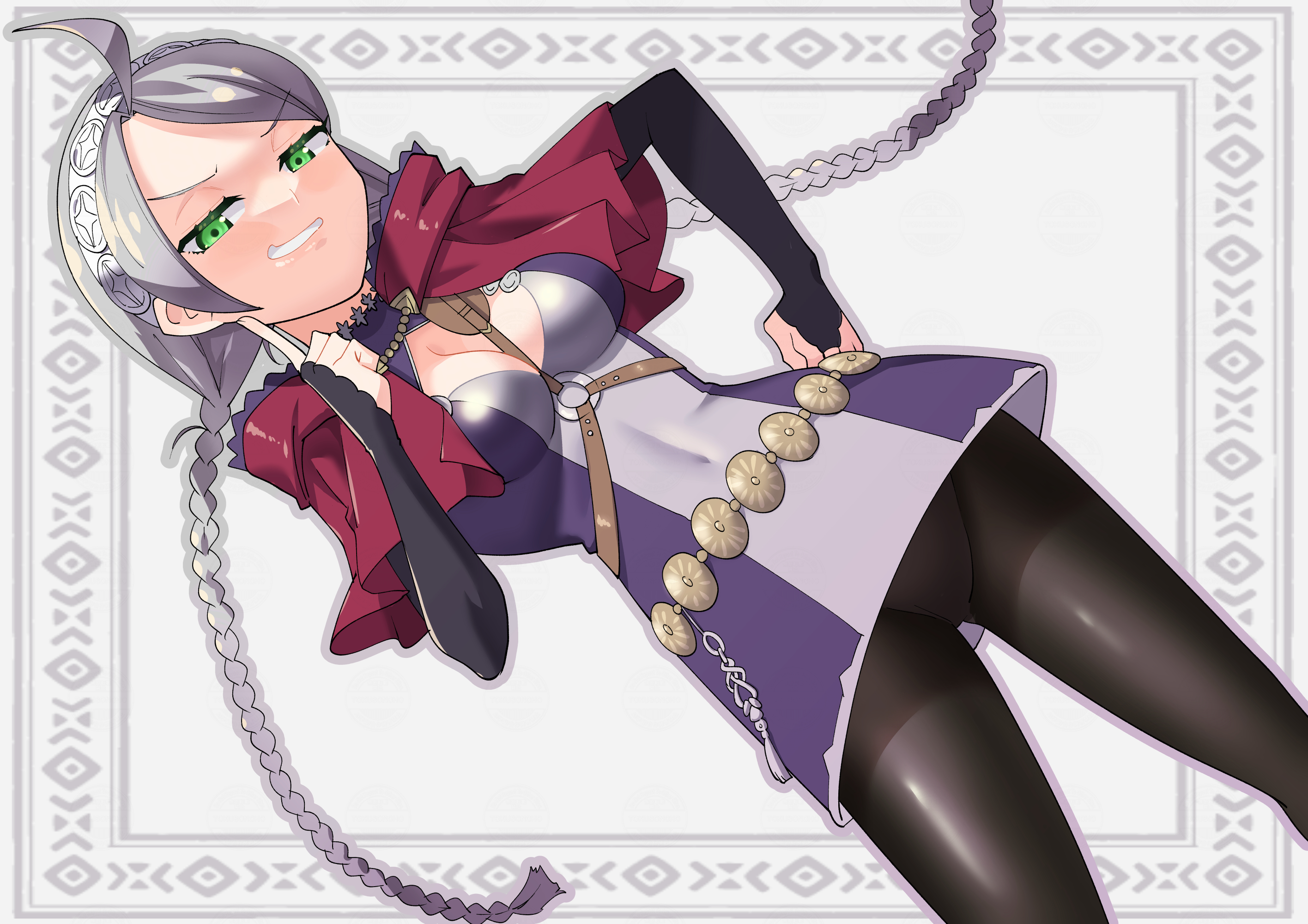 toku sonchou, nina (fire emblem), fire emblem, fire emblem fates, nintendo, commentary request, highres, 1girl, ahoge, black pantyhose, blue eyes, braid, breasts, capelet, cleavage, dress, evil grin, evil smile, finger to cheek, grin, hairband, hand on own hip, harness, hood, hooded capelet, long hair, looking at viewer, low twin braids, low twintails, medium breasts, microdress, navel, o-ring, o-ring harness, panties, panties under pantyhose, pantyhose, parted bangs, red hood, smile, thighs, twin braids, twintails, two-tone dress, underwear, upskirt, white panties