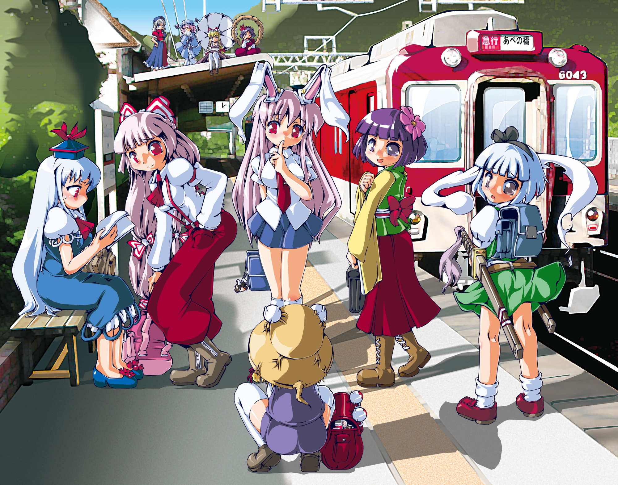 sukiyo, fujiwara no mokou, hieda no akyuu, kamishirasawa keine, konpaku youmu, konpaku youmu (ghost), moriya suwako, reisen udongein inaba, saigyouji yuyuko, yagokoro eirin, yakumo yukari, yasaka kanako, kintetsu railway, touhou, highres, 6+girls, backpack, bag, bench, book, boots, female focus, high heels, hitodama, katana, multiple girls, multiple unit train, nara prefecture, open book, overhead line, pumps, purple eyes, purple hair, randoseru, reading, red eyes, school bag, sword, tactile paving, thighhighs, train, train station, train station platform, weapon, white hair, yoshino (town)