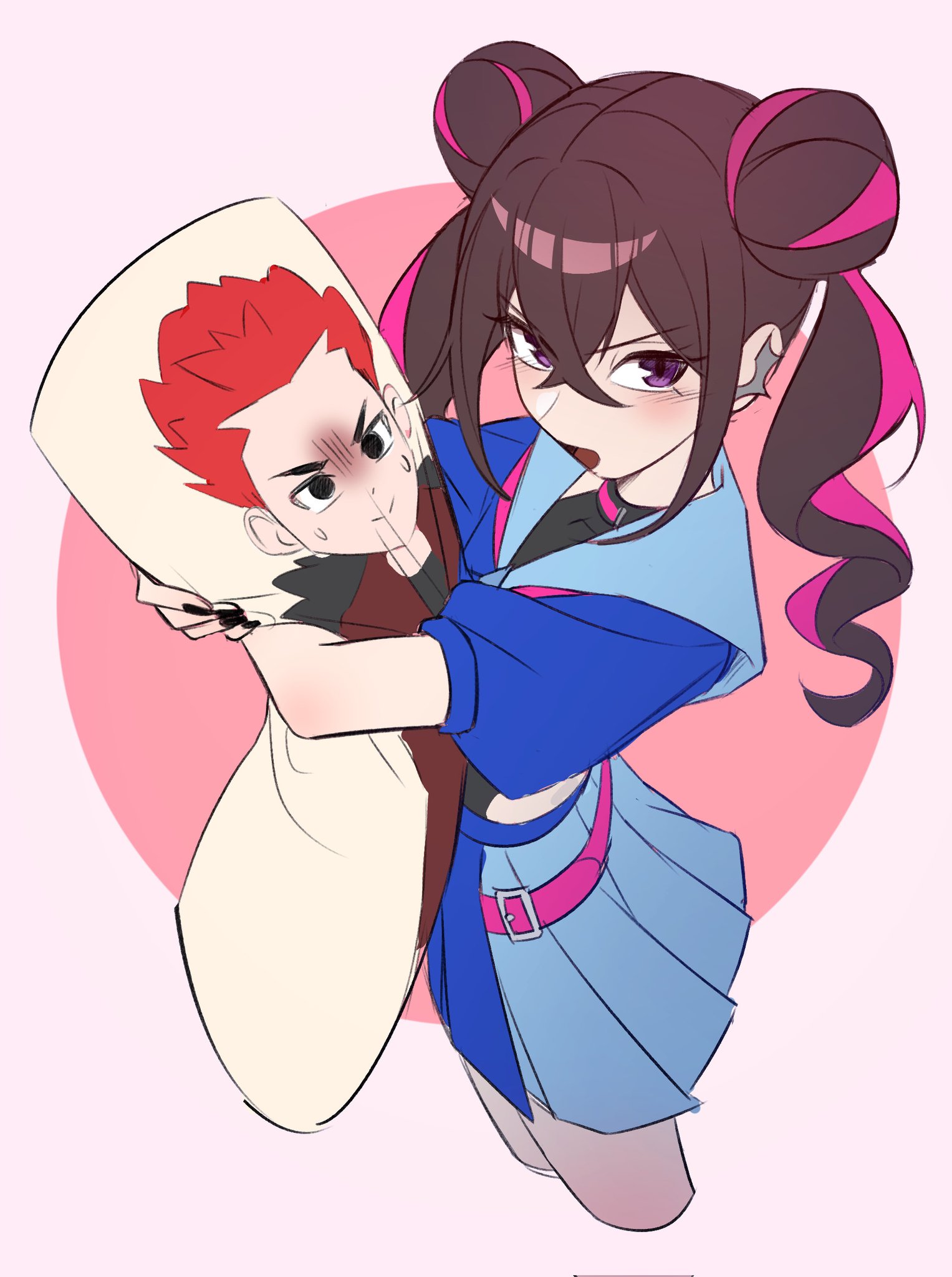 10 09hwan, sakai honoka, digimon, digimon beatbreak, 1girl, belt, blush, digimon (creature), kutsuna kaito, looking at viewer, pillow, skirt