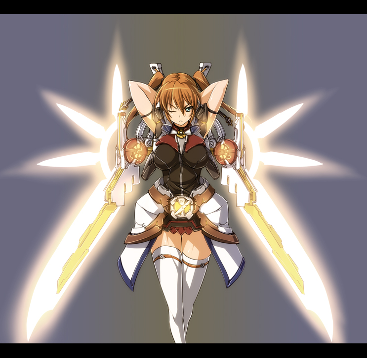 nekomamire, cross mirage, teana lanster, lyrical nanoha, mahou shoujo lyrical nanoha, mahou shoujo lyrical nanoha strikers, 00s, 1girl, alternate weapon, arms up, breasts, brown hair, female focus, green eyes, impossible clothes, impossible shirt, letterboxed, one eye closed, shirt, solo, thighhighs, weapon, wink