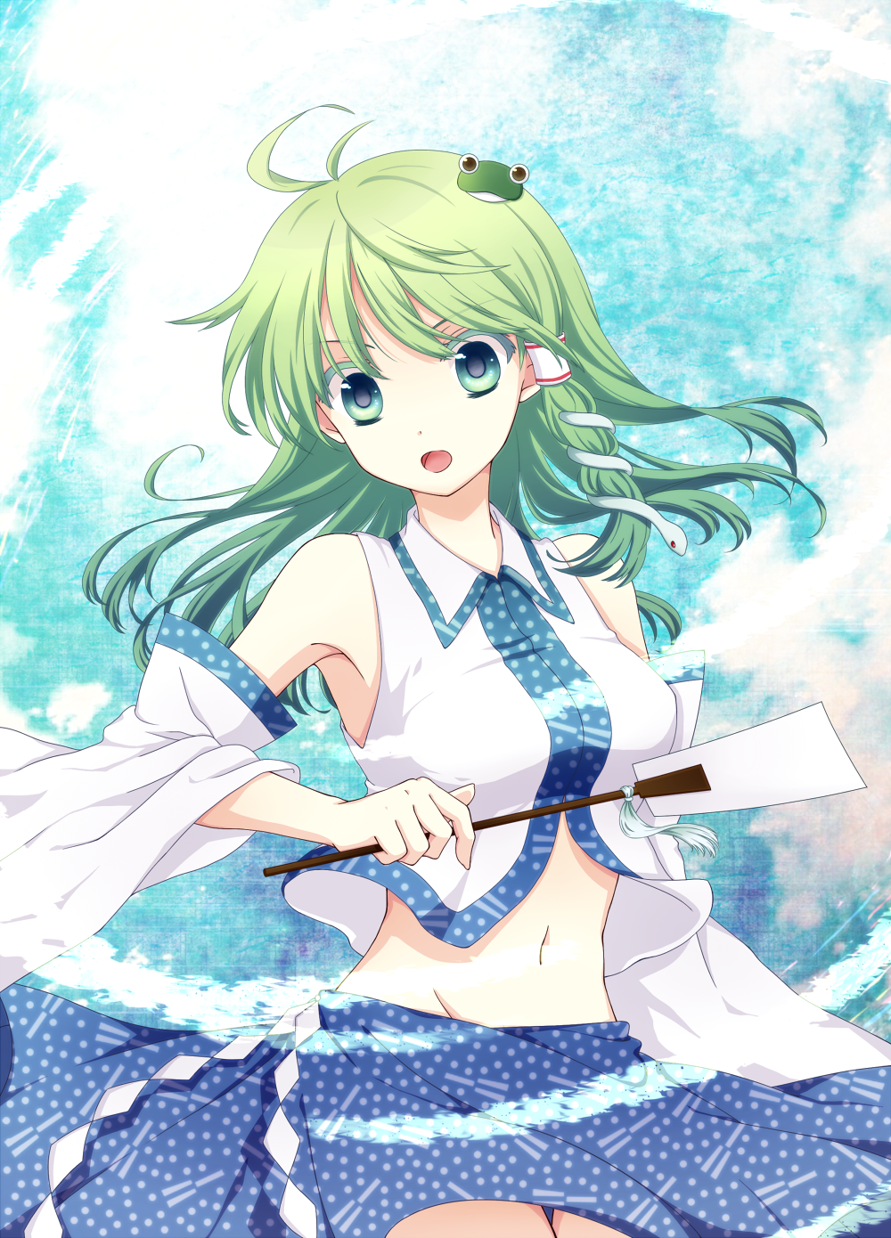 kai aki, kochiya sanae, touhou, bad id, bad pixiv id, highres, 1girl, ahoge, bare shoulders, breasts, cloud, colored eyelashes, day, detached sleeves, female focus, frog, gohei, gradient hair, green eyes, green hair, hair ornament, japanese clothes, large breasts, long hair, matching hair/eyes, midriff, miko, multicolored hair, navel, oonusa, open mouth, shide, skirt, sky, snake, solo